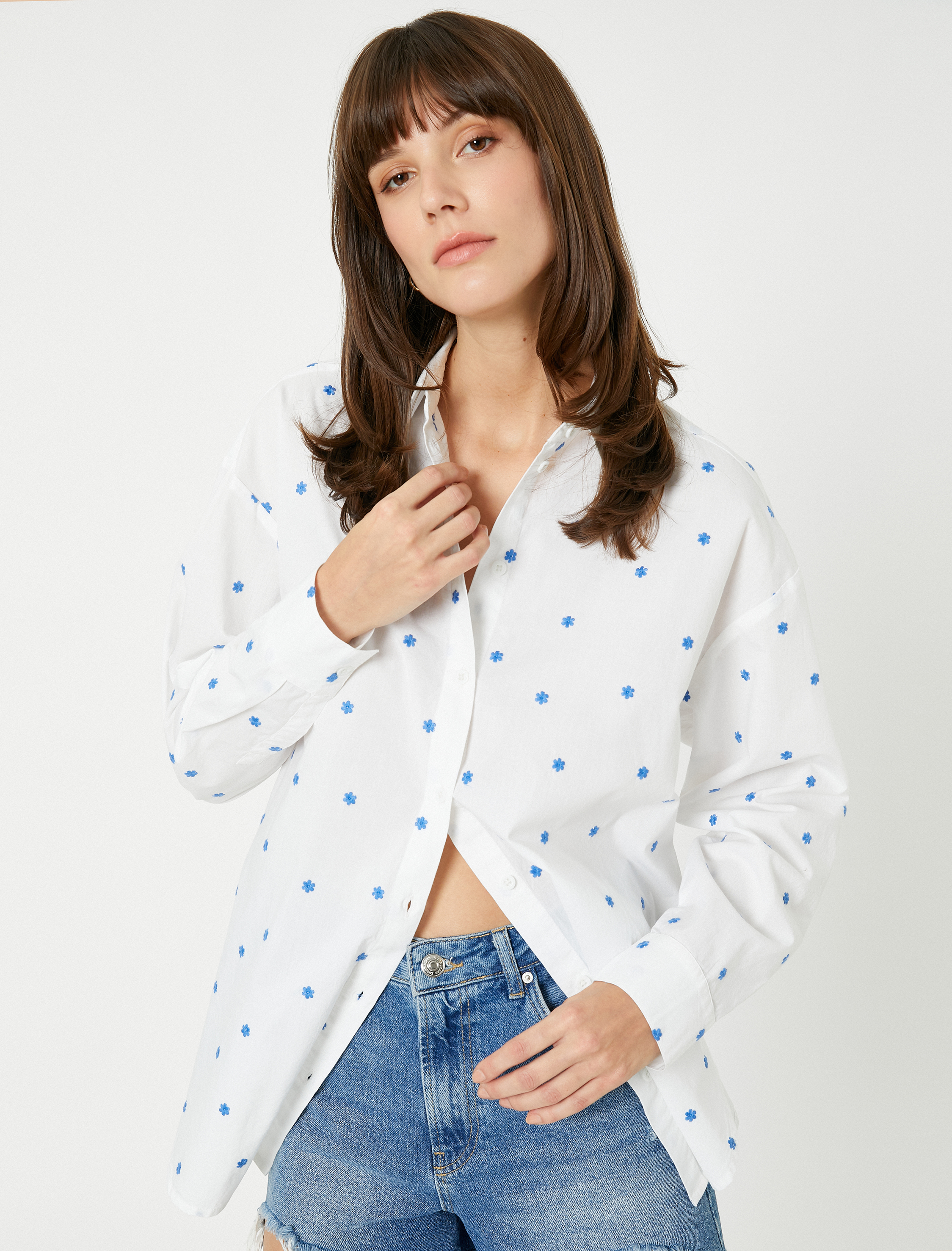   Oversize Gömlek Çiçek İşlemeli Pamuklu