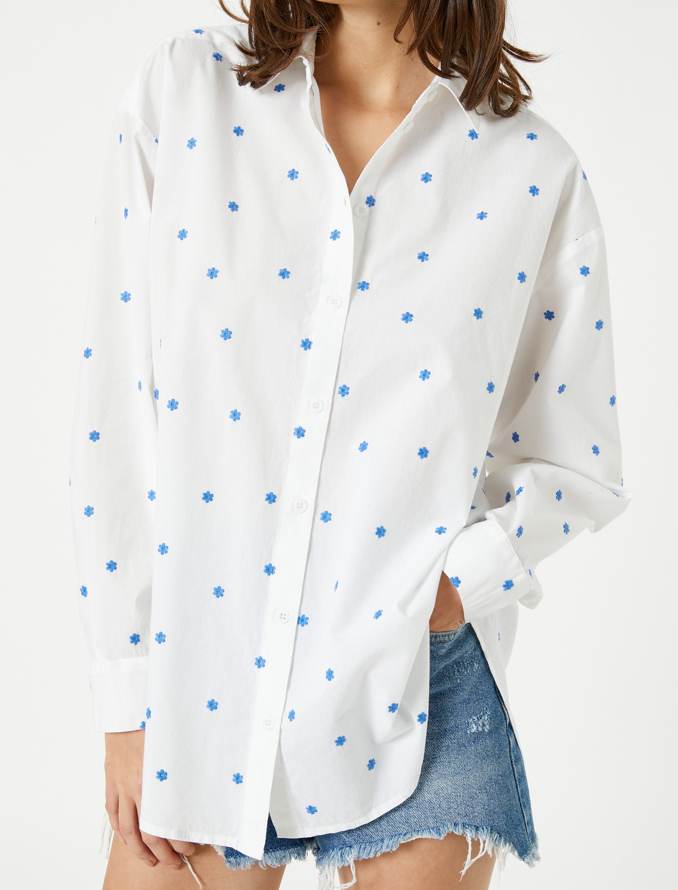   Oversize Gömlek Çiçek İşlemeli Pamuklu