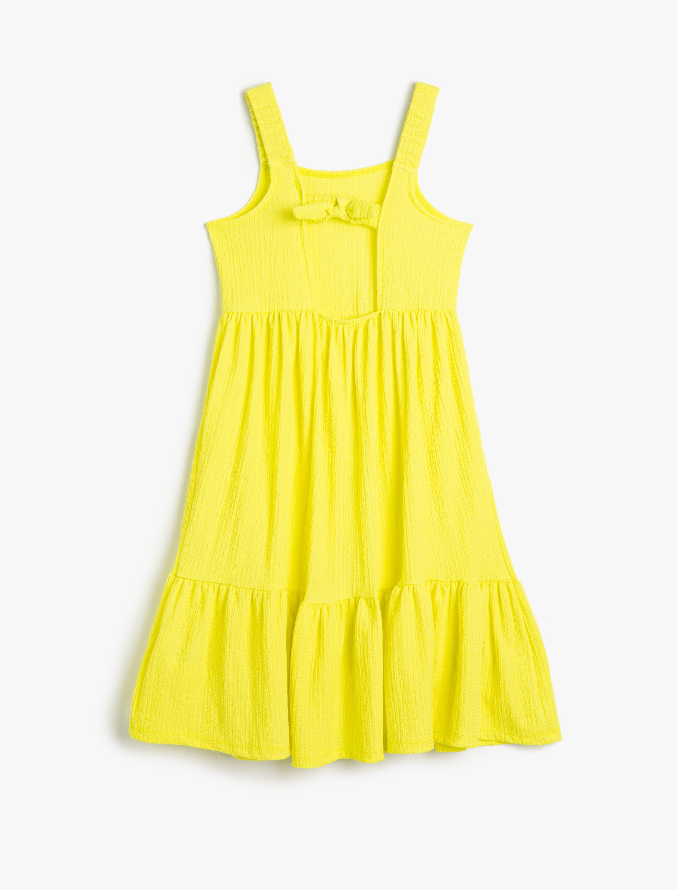  Kız Çocuk Elbise Midi Boy Askılı Arkası Pencere Detaylı Rahat Kesim Kare Yaka