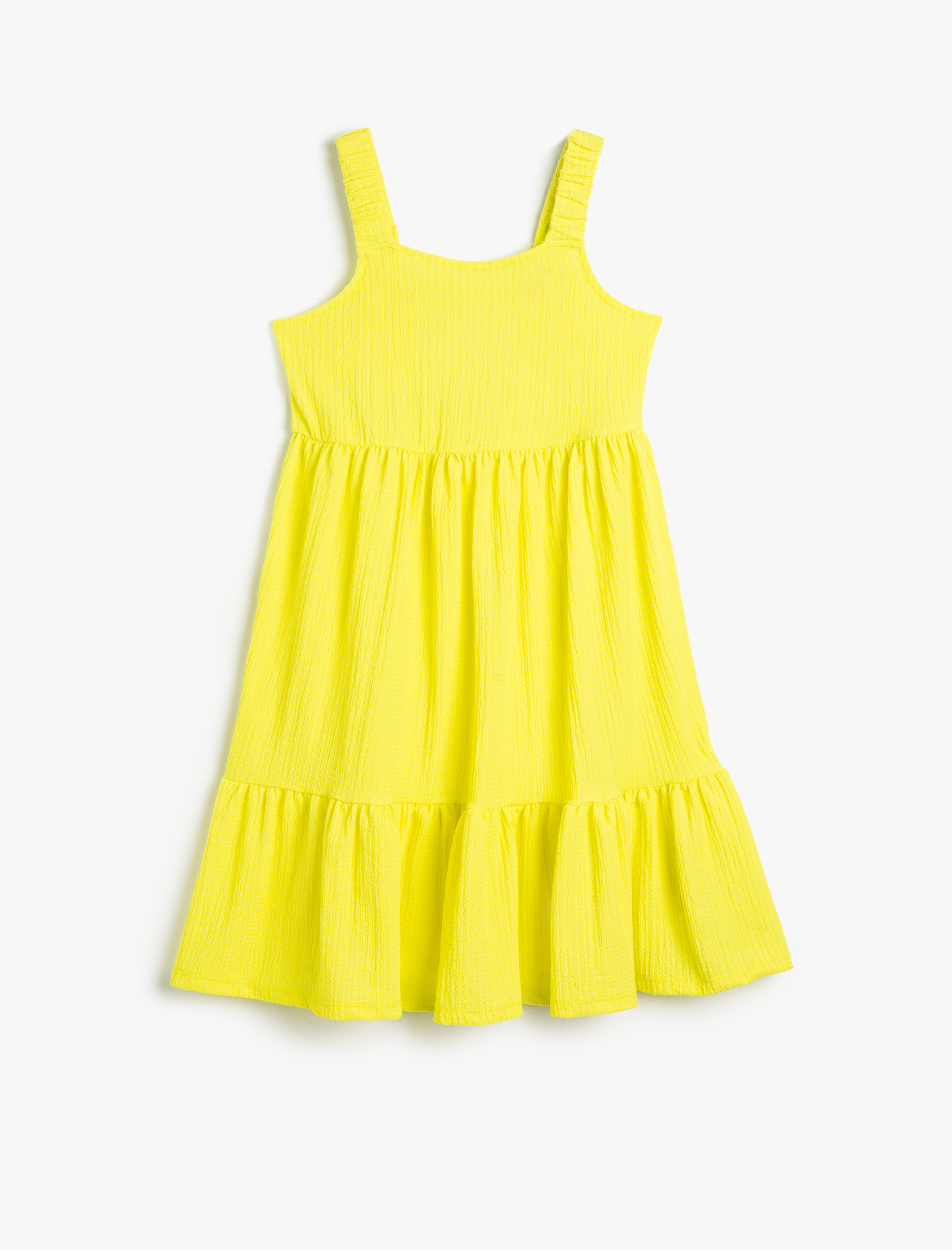  Kız Çocuk Elbise Midi Boy Askılı Arkası Pencere Detaylı Rahat Kesim Kare Yaka