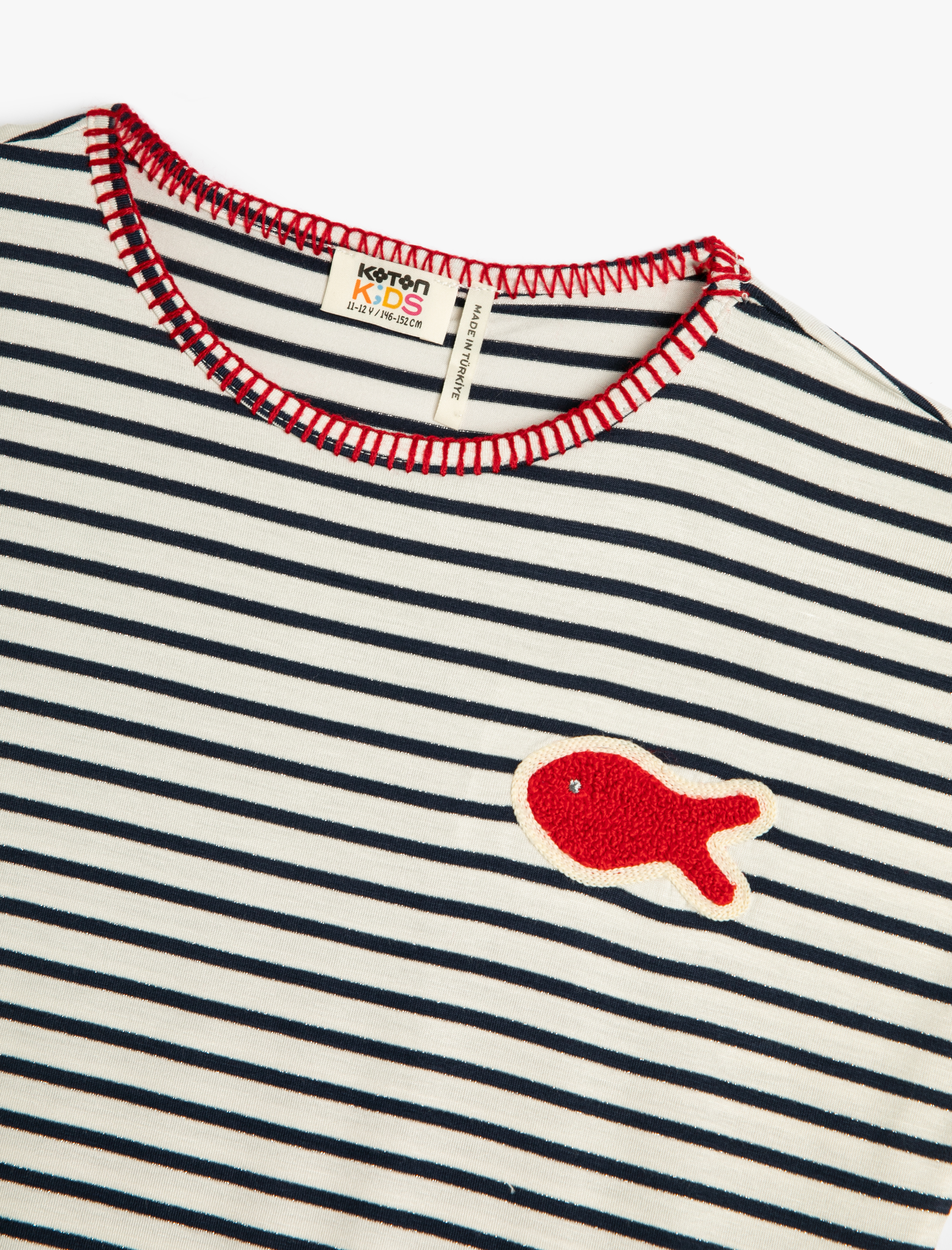  Kız Çocuk Tişört Bisiklet Yaka Kısa Kollu Balık Aplike Detaylı