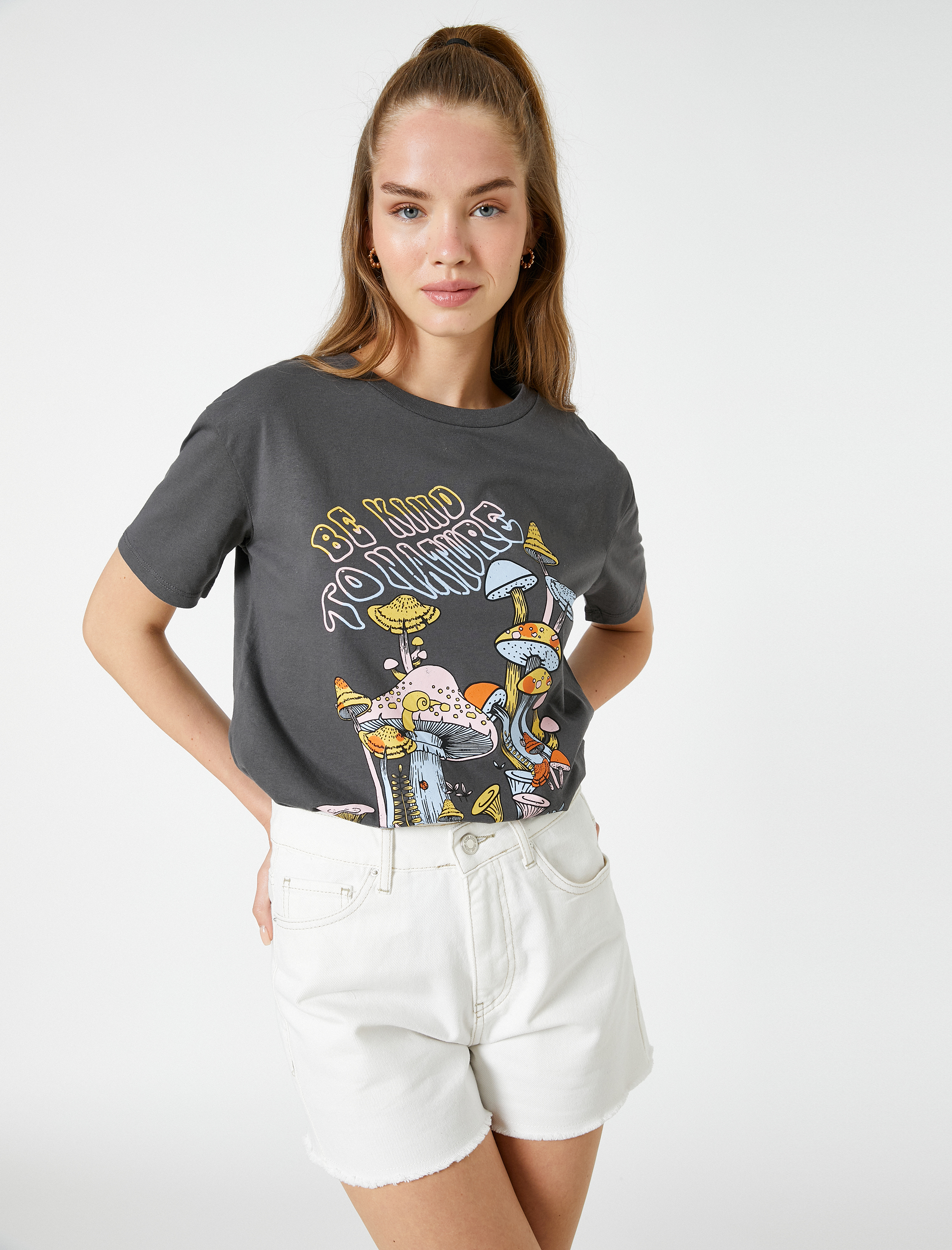   Baskılı Tişört Bisiklet Yaka Kısa Kollu Pamuklu