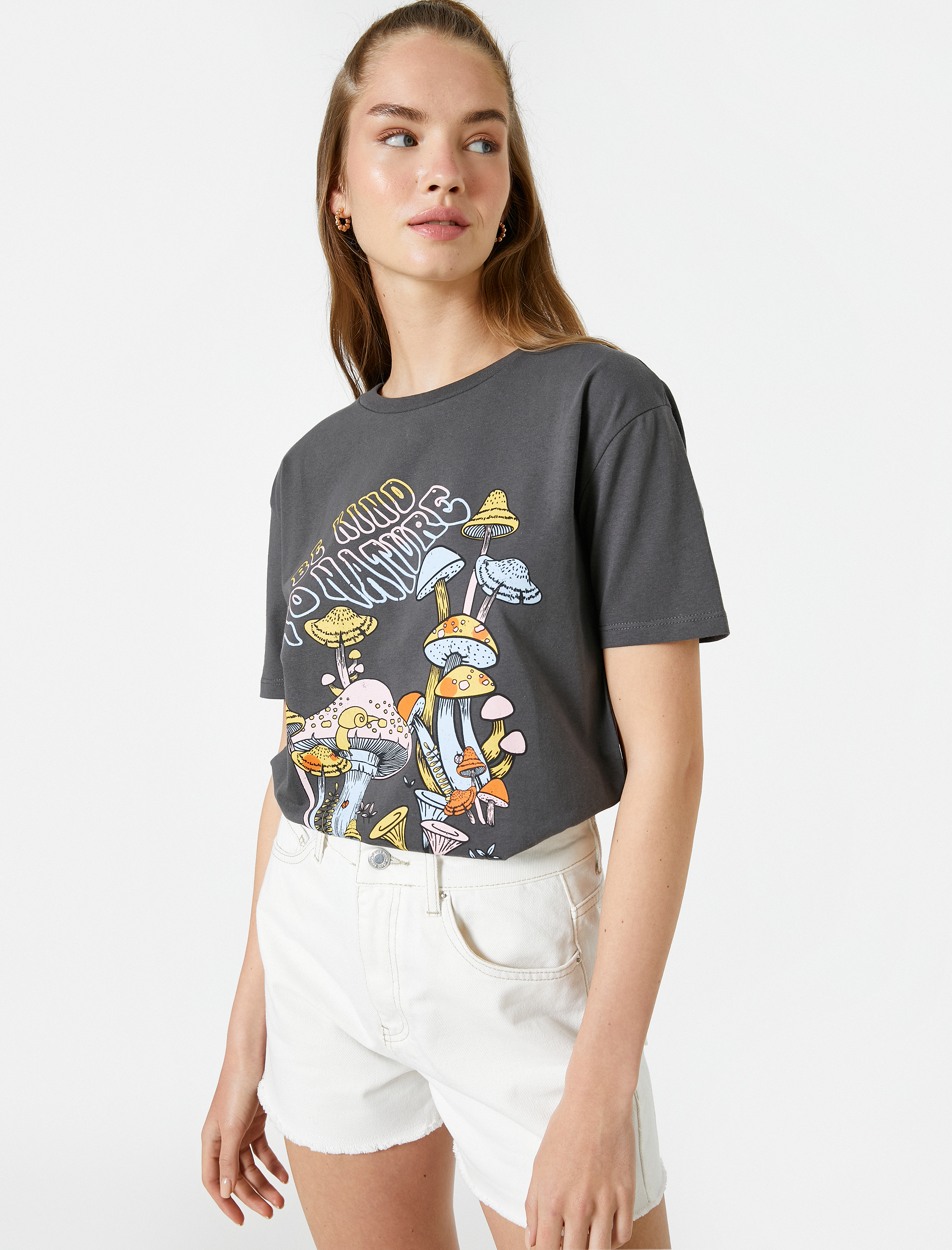   Baskılı Tişört Bisiklet Yaka Kısa Kollu Pamuklu