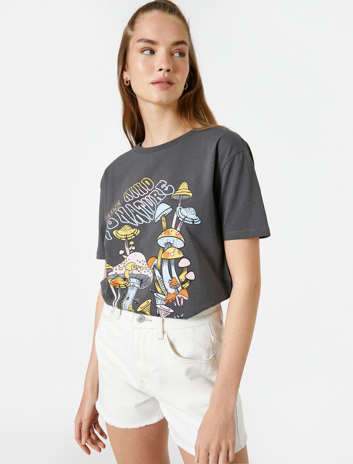  Baskılı Tişört Bisiklet Yaka Kısa Kollu Pamuklu