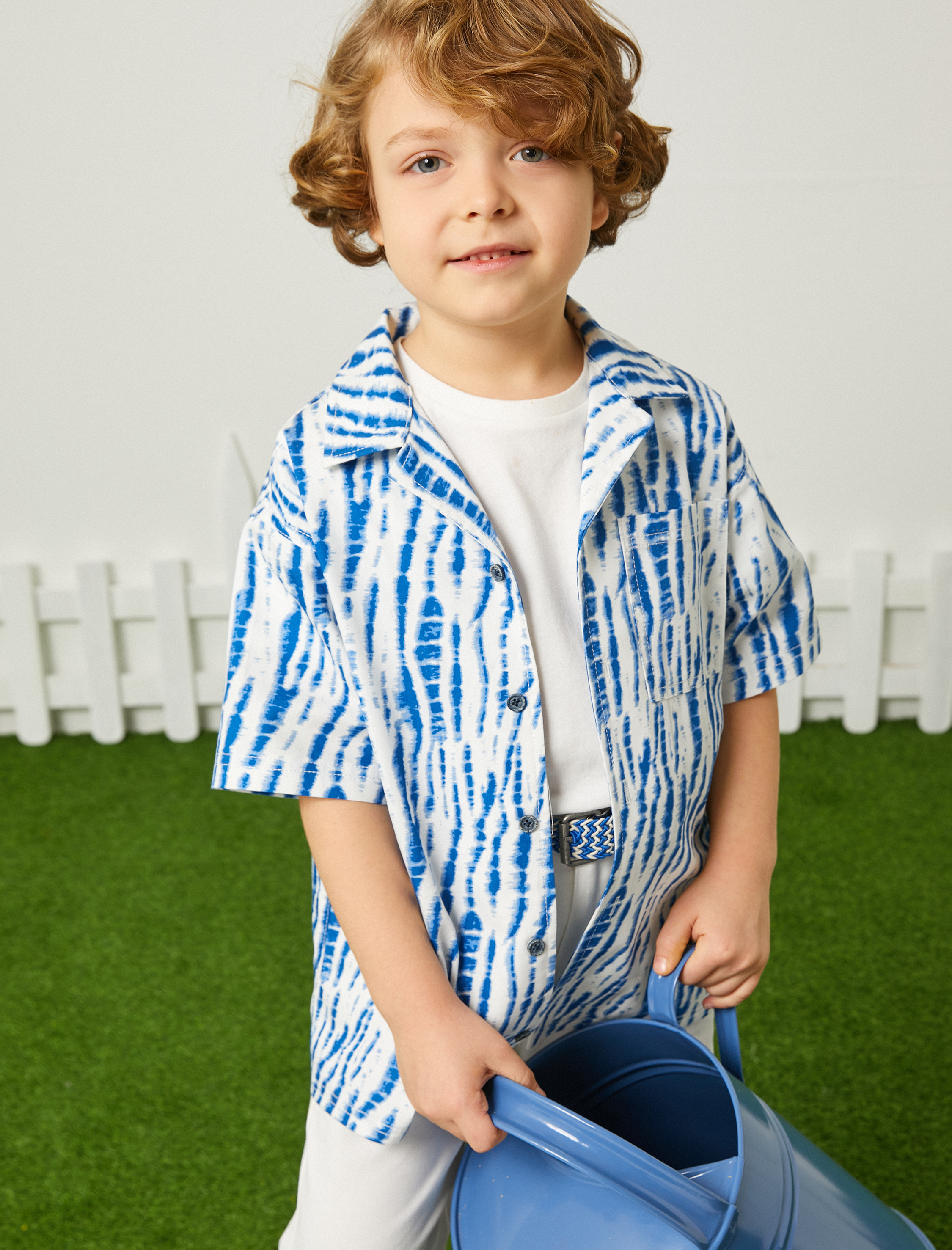  Erkek Çocuk Gömlek Kısa Kollu Cepli Pamuklu Soyut Desenli