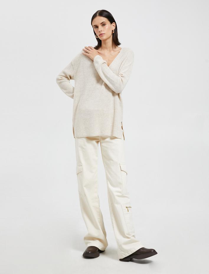  V Yaka Süveter Oversize Uzun Kollu Kaşmir Dokulu