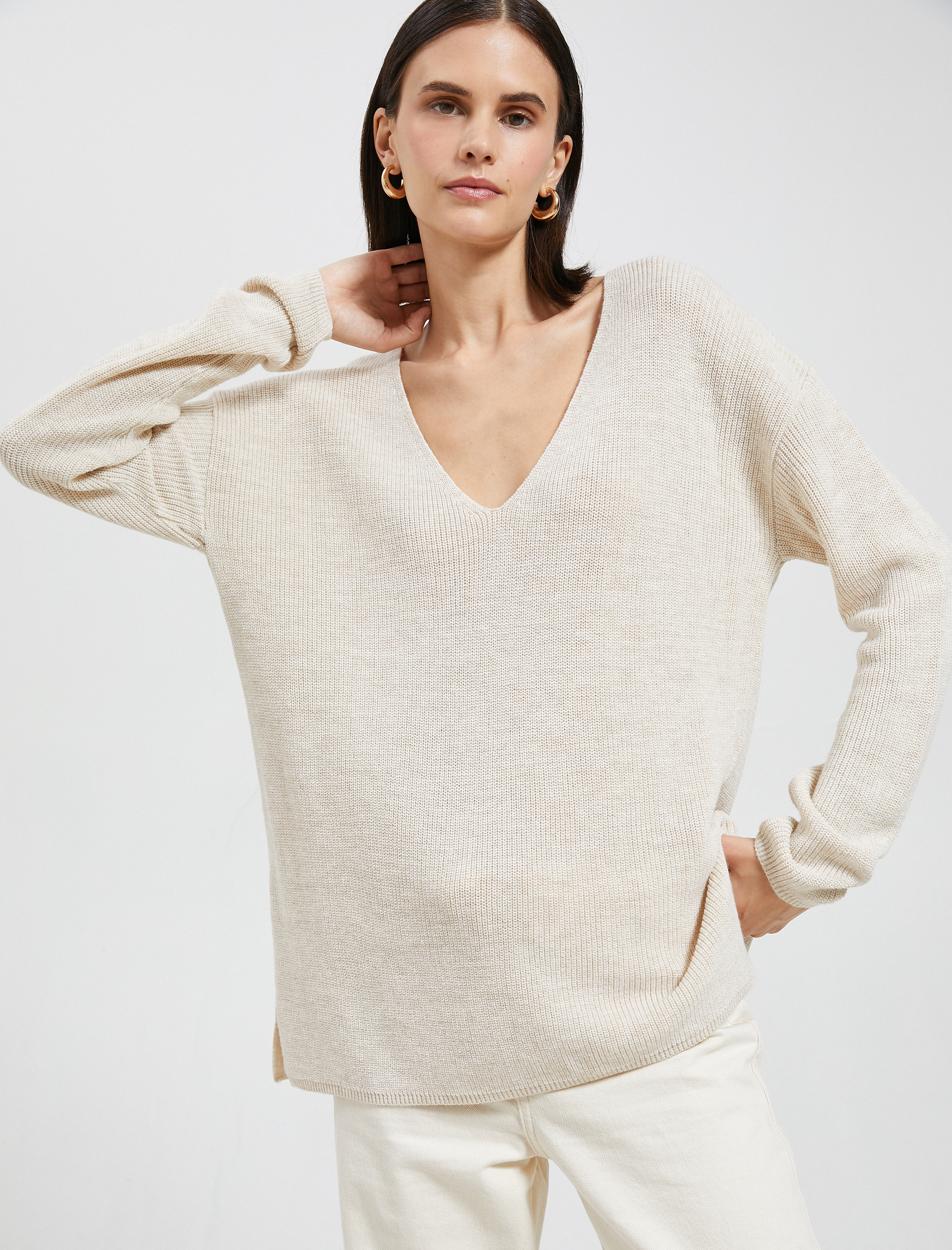   V Yaka Süveter Oversize Uzun Kollu Kaşmir Dokulu