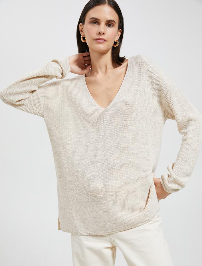  V Yaka Süveter Oversize Uzun Kollu Kaşmir Dokulu