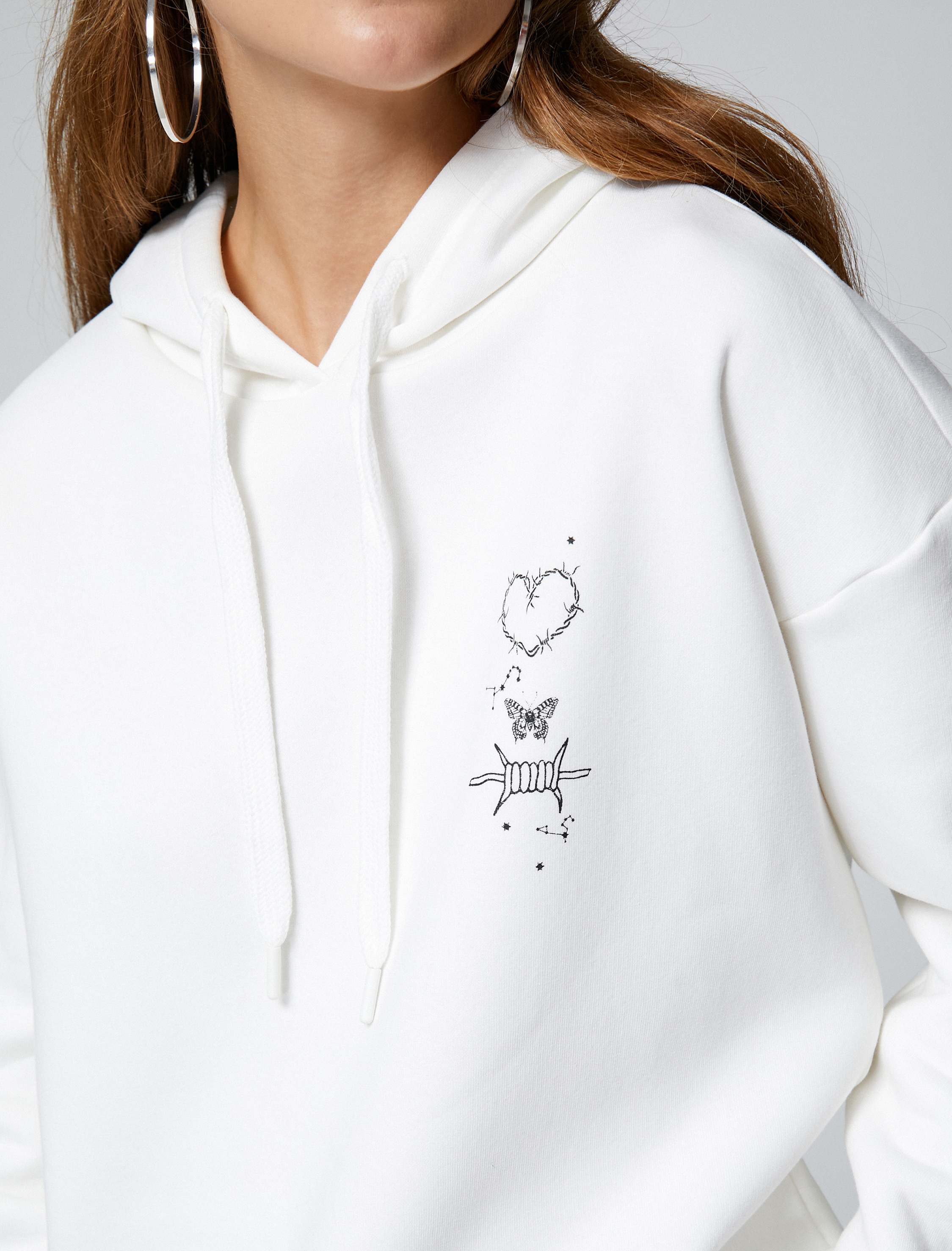   Şardonlu Oversize Sweatshirt Kapüşonlu Baskılı Uzun Kollu