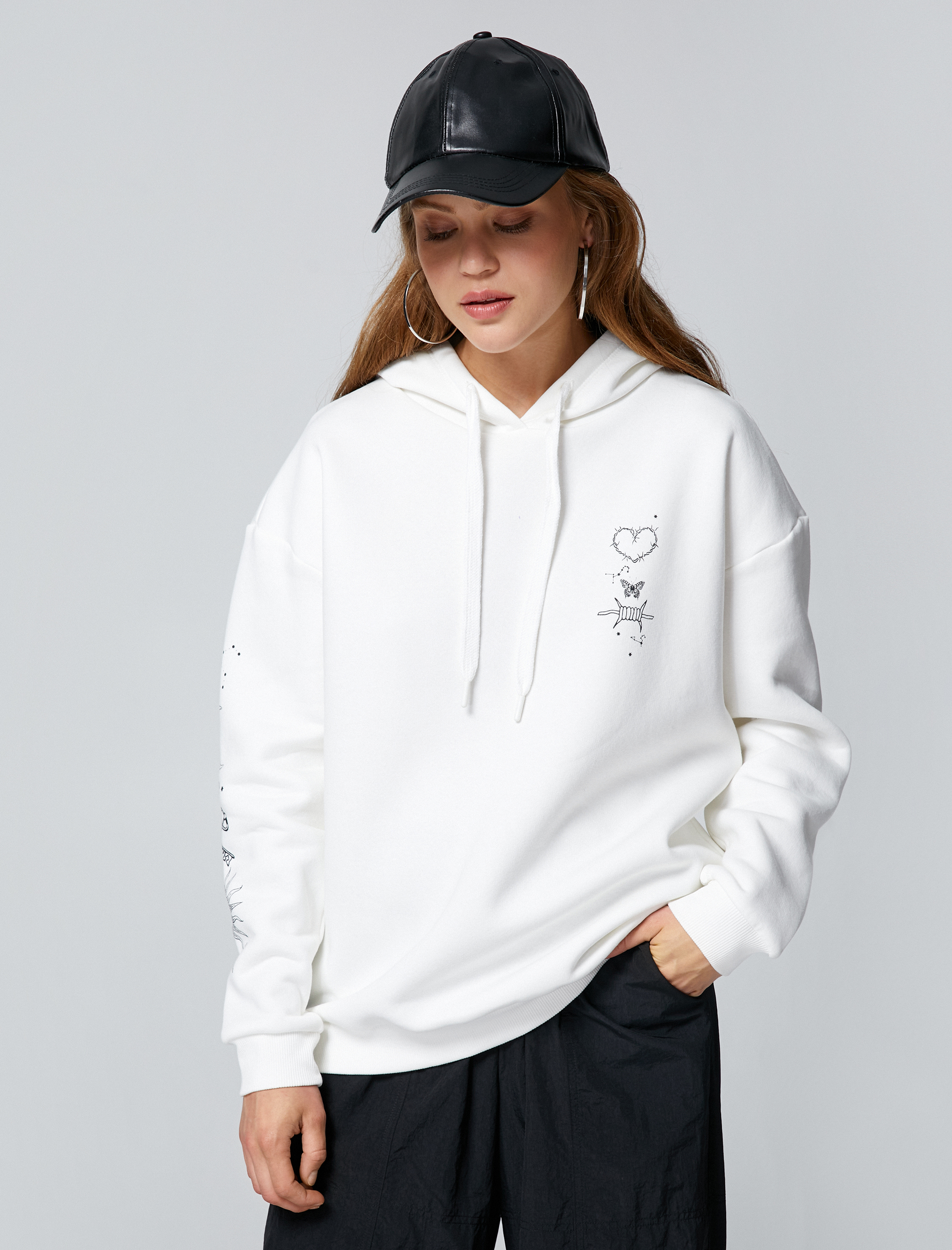   Şardonlu Oversize Sweatshirt Kapüşonlu Baskılı Uzun Kollu