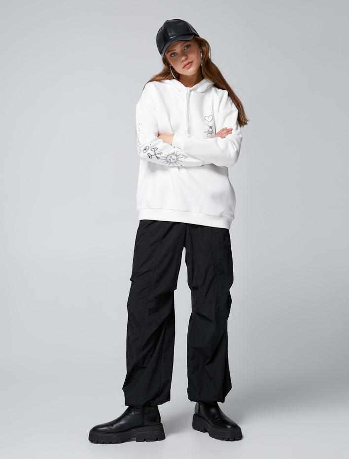  Şardonlu Oversize Sweatshirt Kapüşonlu Baskılı Uzun Kollu