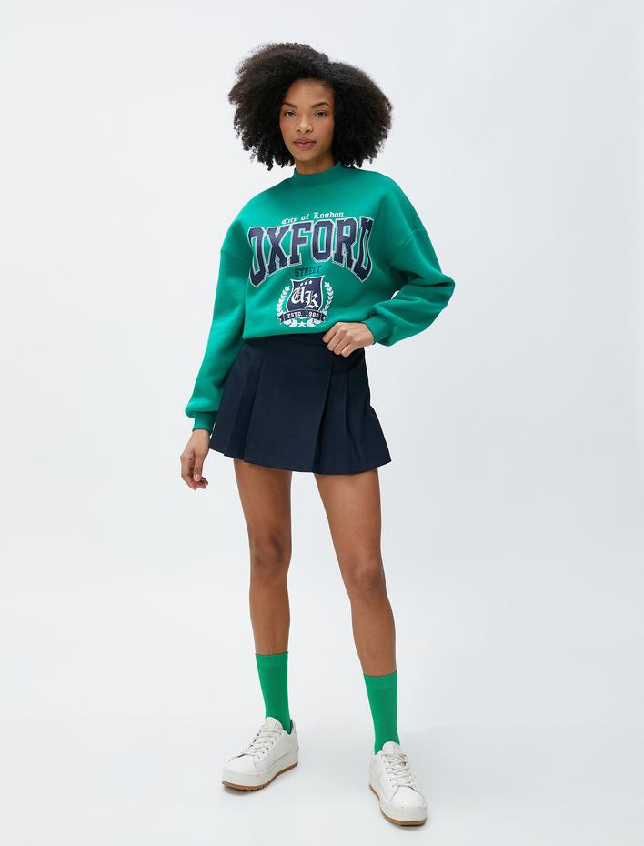  Şardonlu Kolej Sweatshirt Dik Yaka Baskılı Uzun Kollu Ribanalı