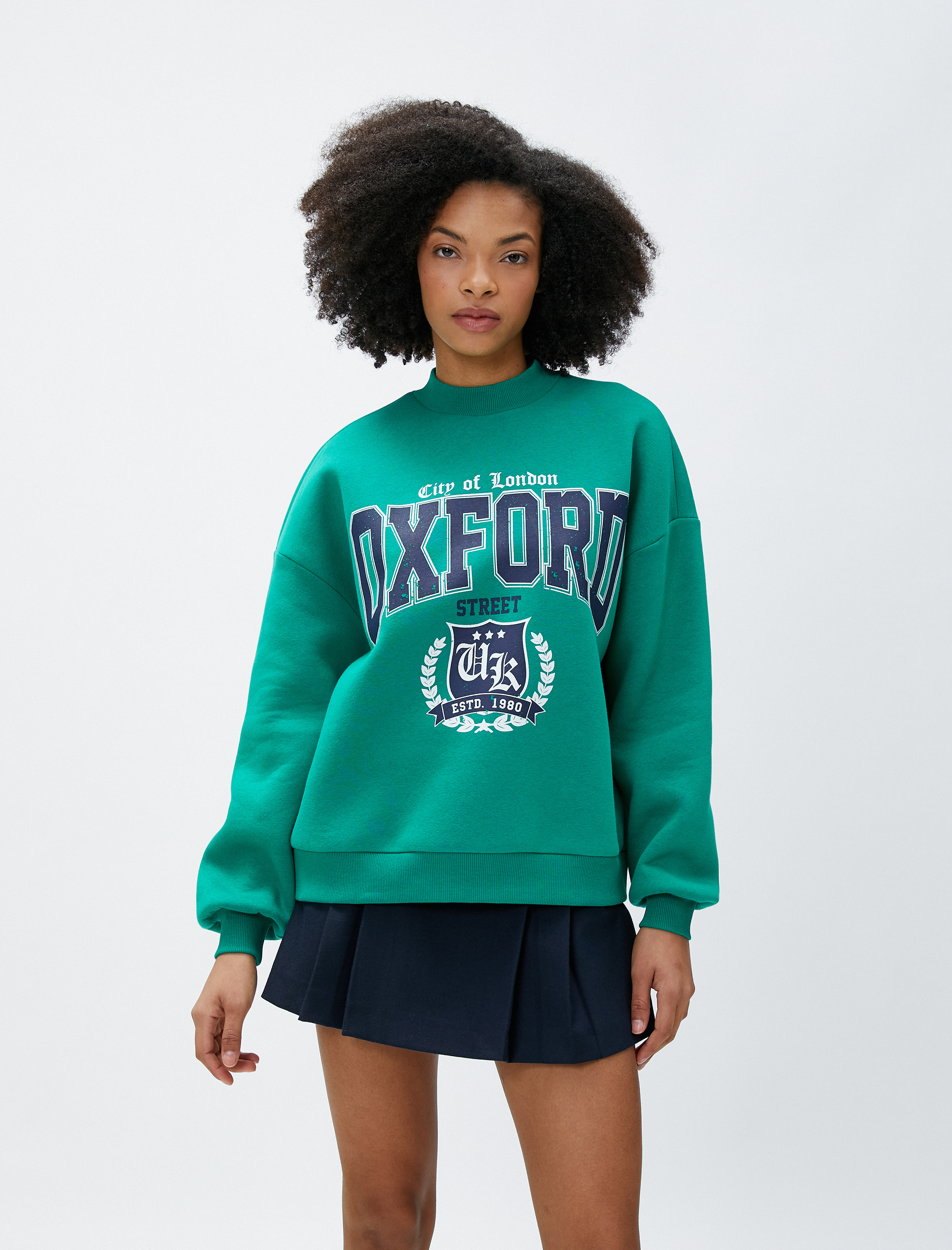   Şardonlu Kolej Sweatshirt Dik Yaka Baskılı Uzun Kollu Ribanalı