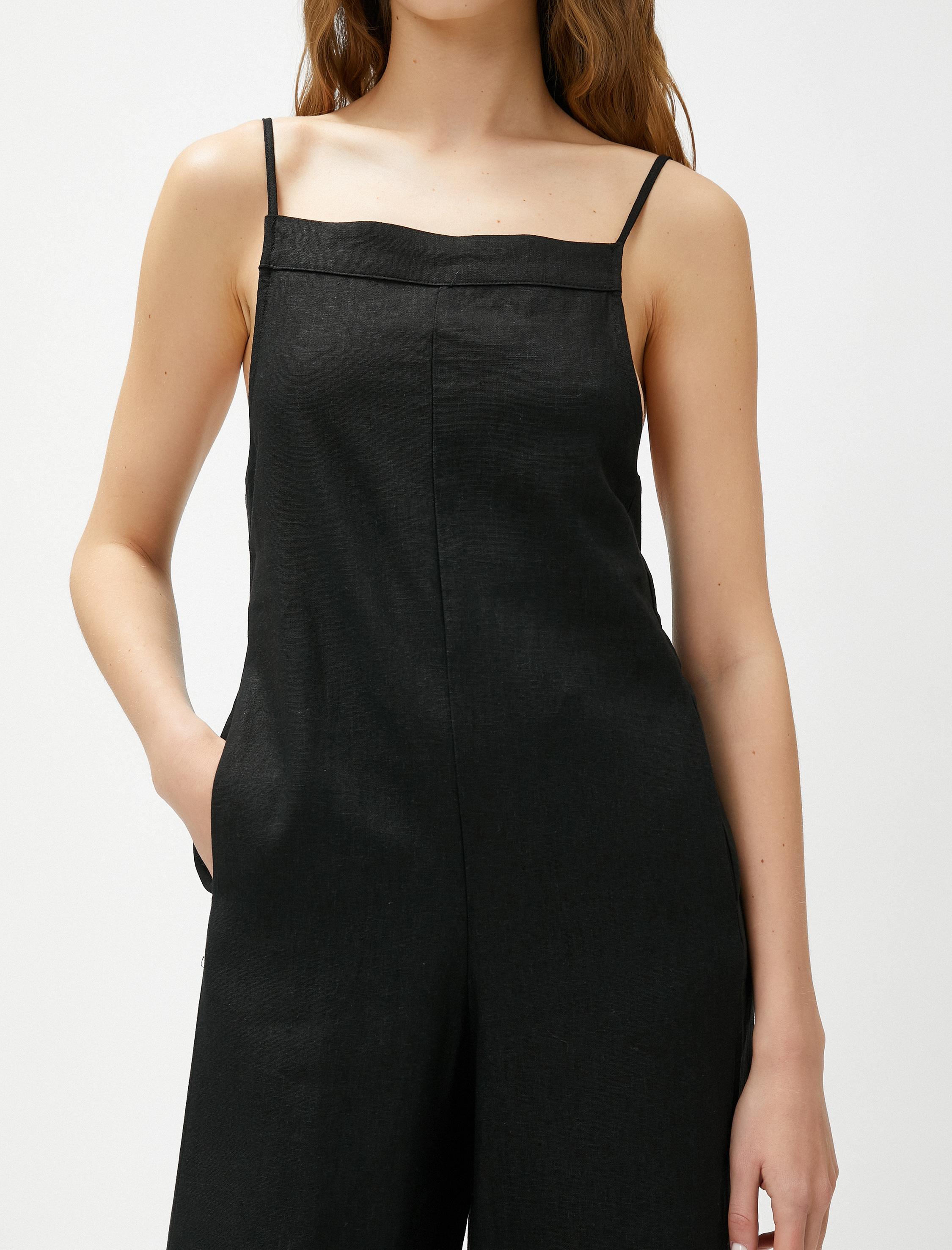   Bol Paça Tulum Askılı Kare Yaka Cepli Keten Karışımlı