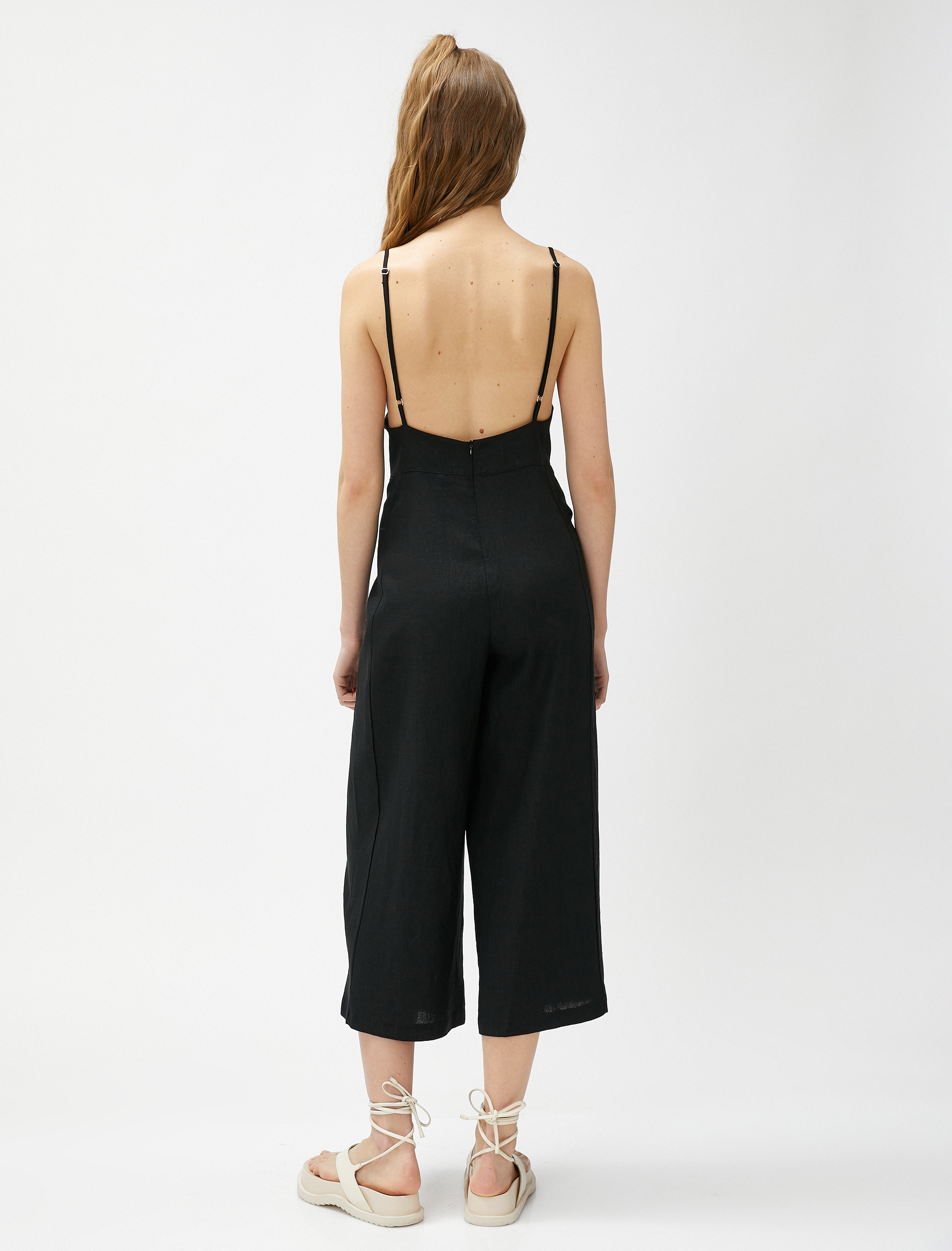   Bol Paça Tulum Askılı Kare Yaka Cepli Keten Karışımlı