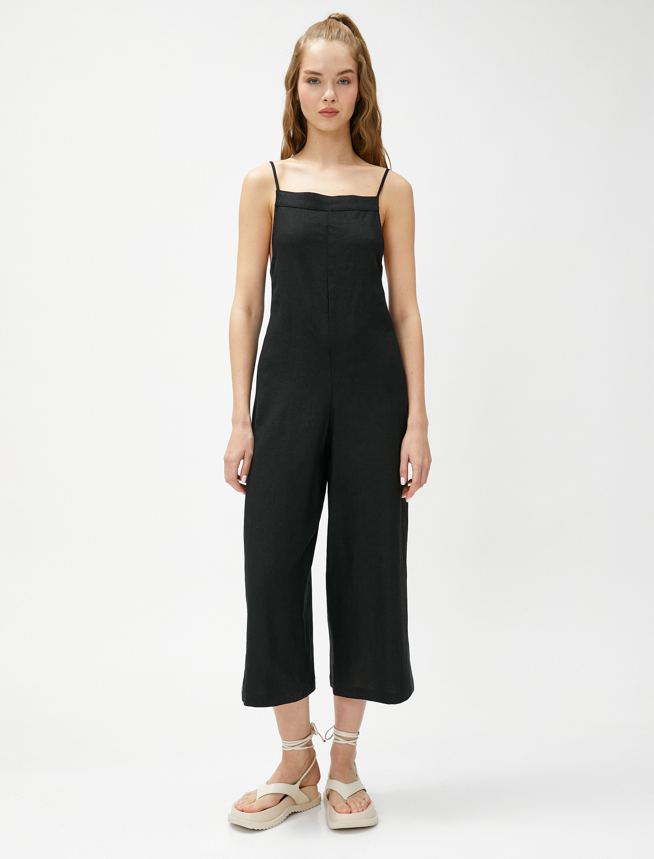   Bol Paça Tulum Askılı Kare Yaka Cepli Keten Karışımlı