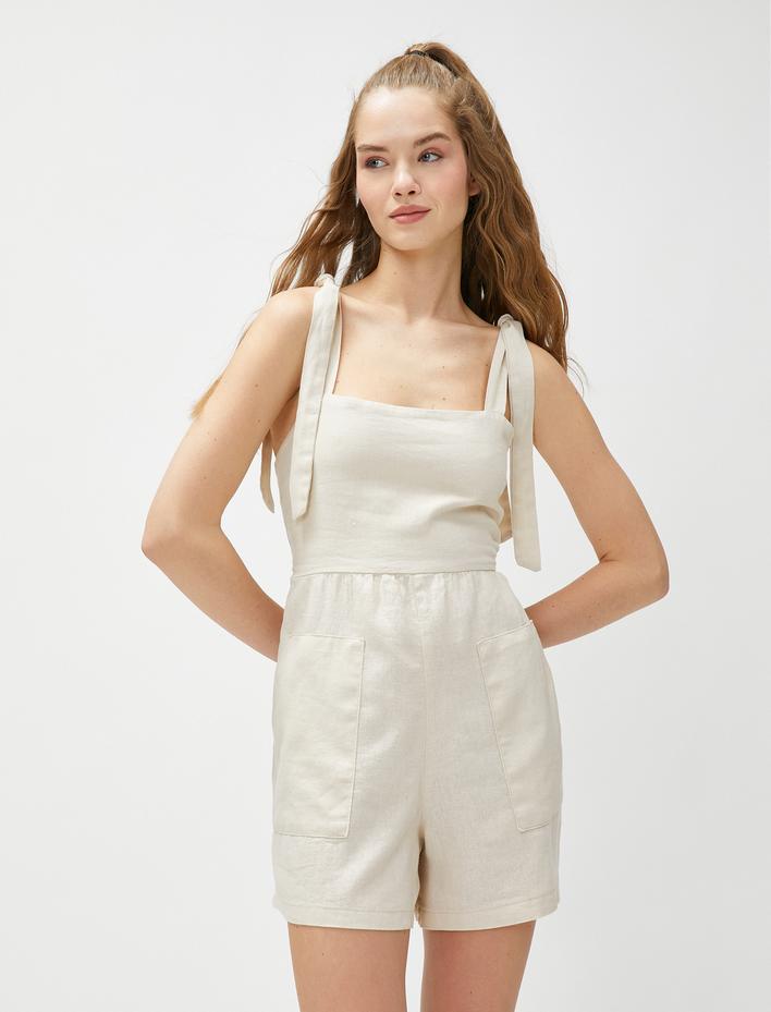  Şort Tulum Keten Karışımlı Kare Yaka Askılı Cepli
