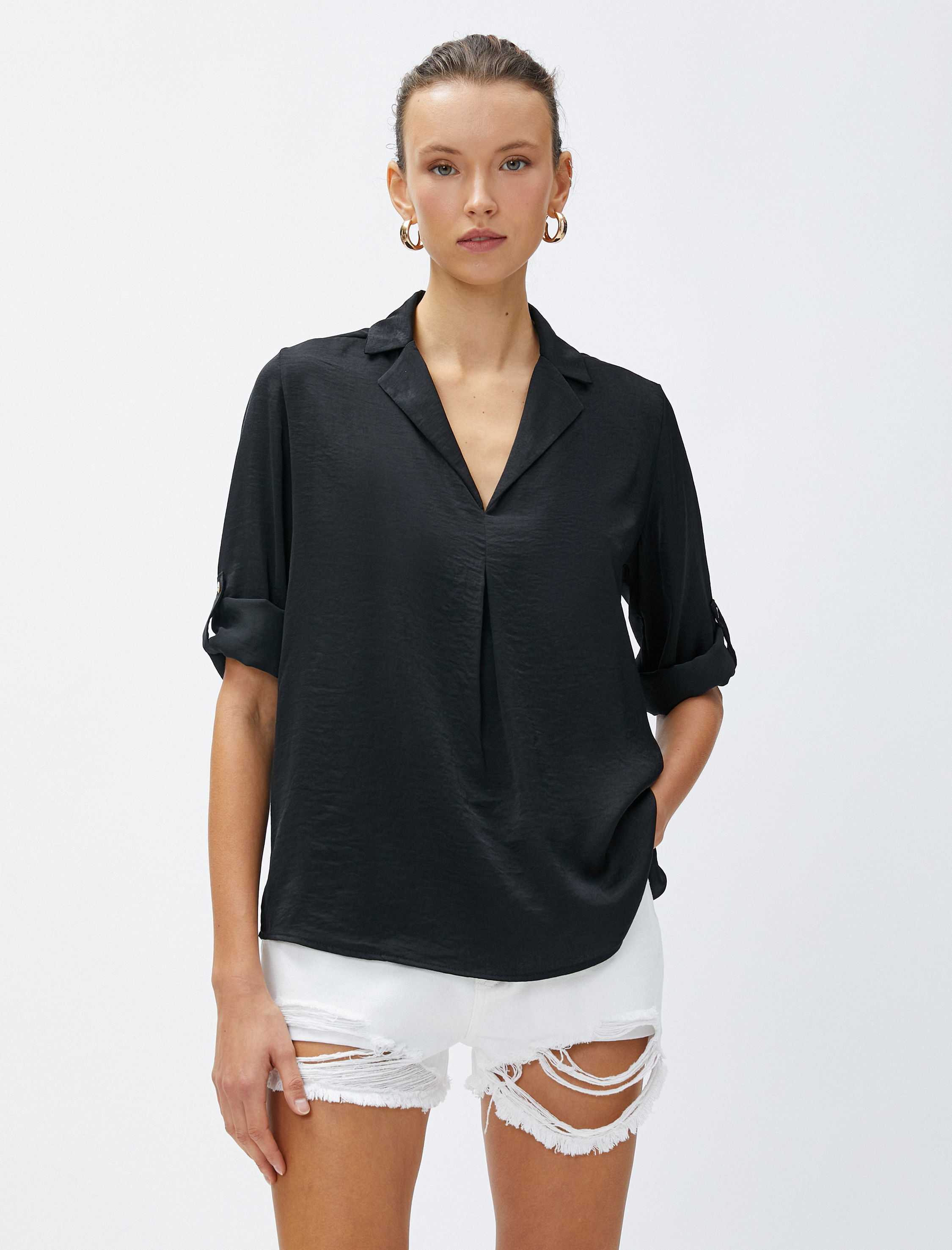   Gömlek Yaka Bluz Kolları Katlama Detaylı