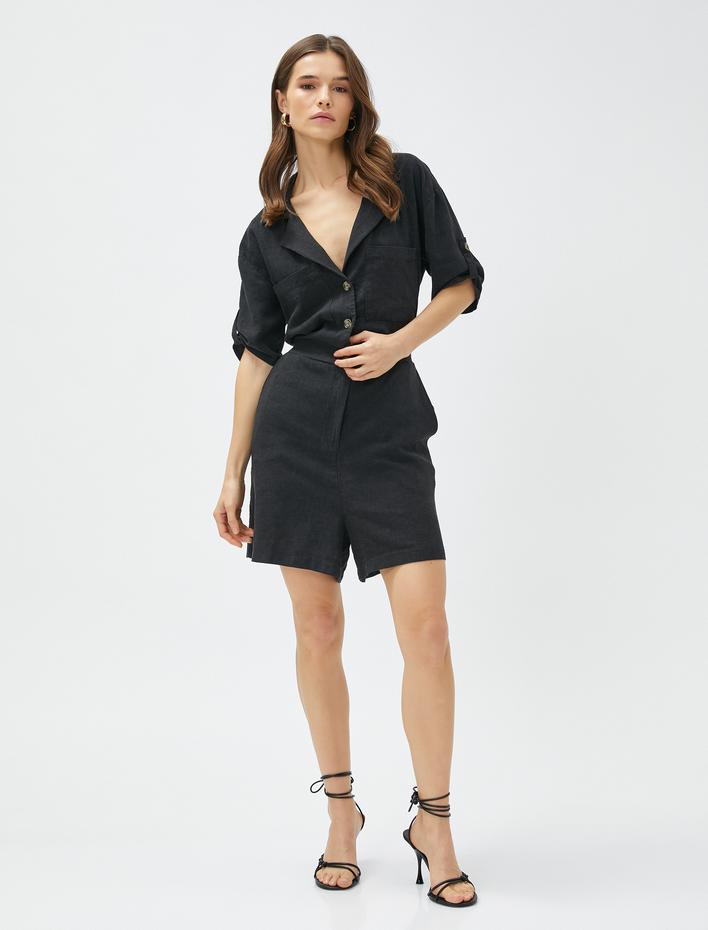  Şortlu Tulum Kısa Kollu Gömlek Yaka Keten Karışımlı