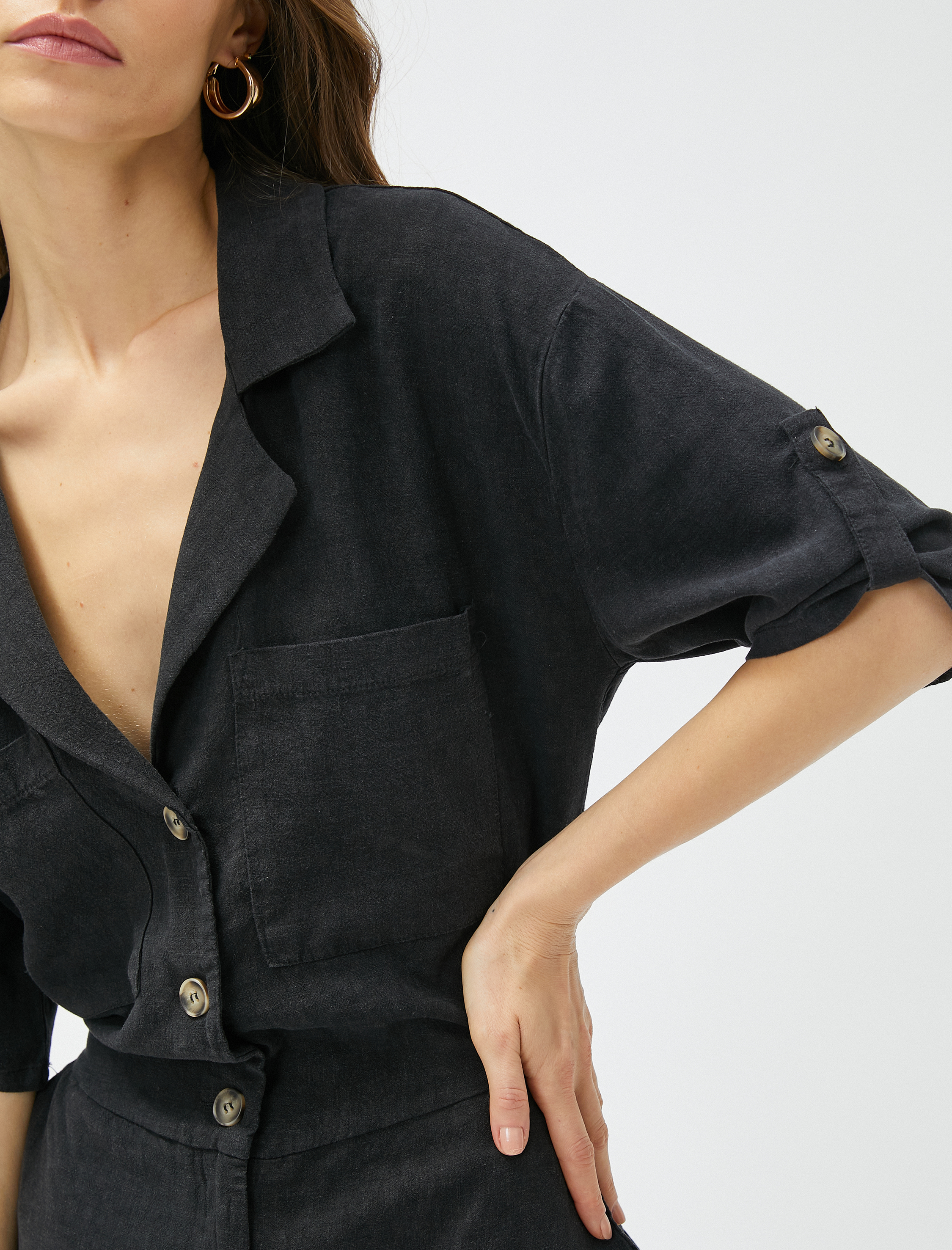   Şortlu Tulum Kısa Kollu Gömlek Yaka Keten Karışımlı