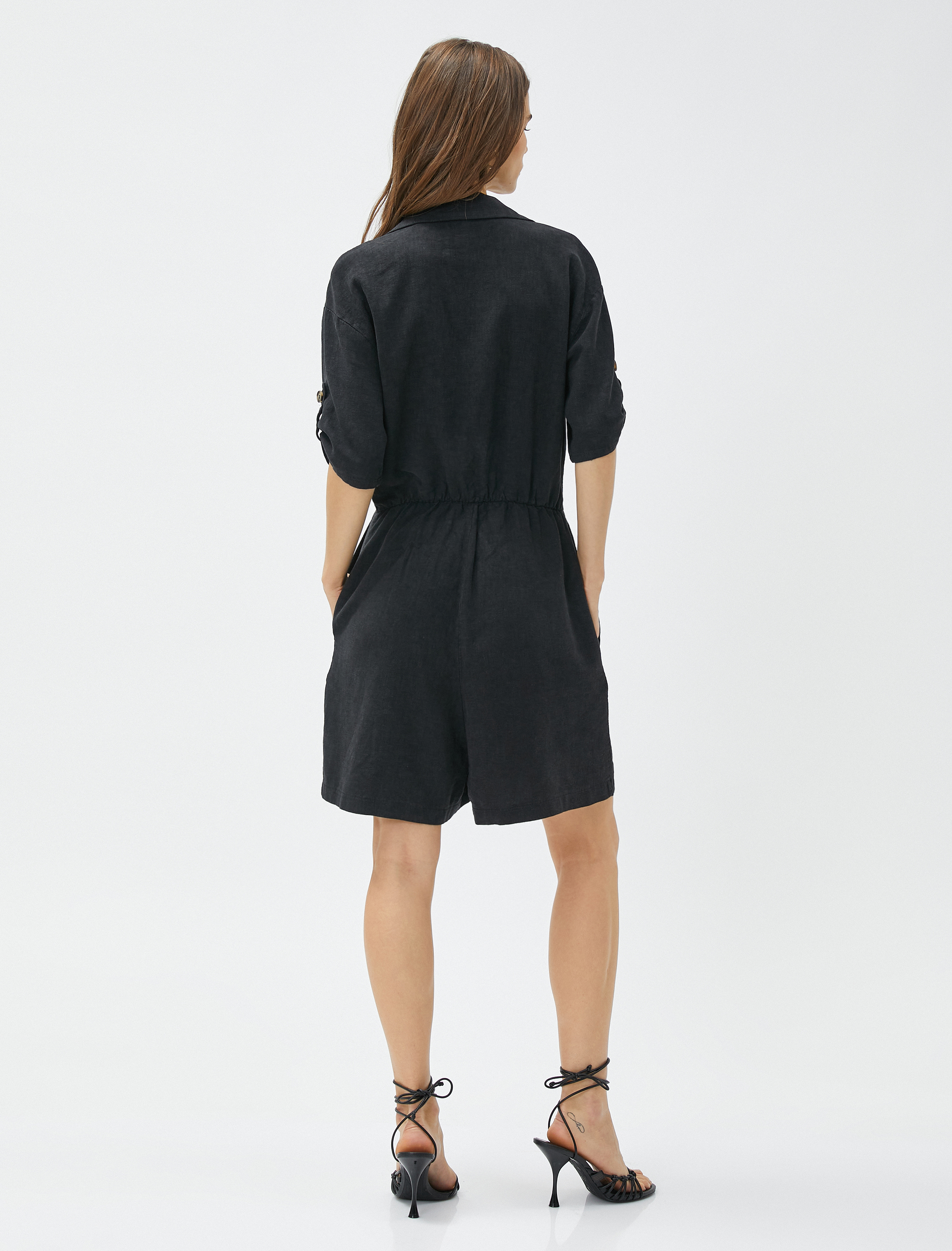   Şortlu Tulum Kısa Kollu Gömlek Yaka Keten Karışımlı