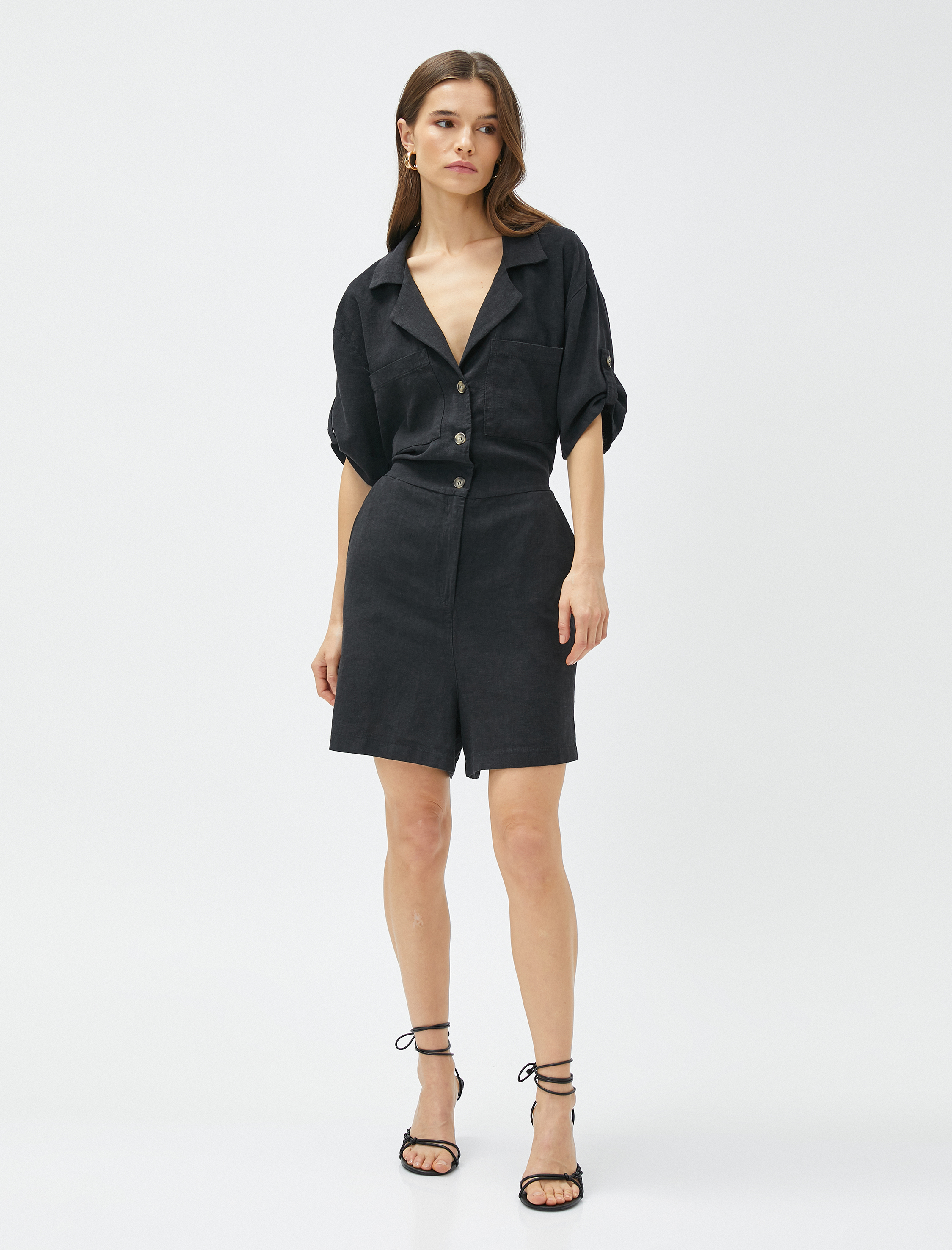   Şortlu Tulum Kısa Kollu Gömlek Yaka Keten Karışımlı