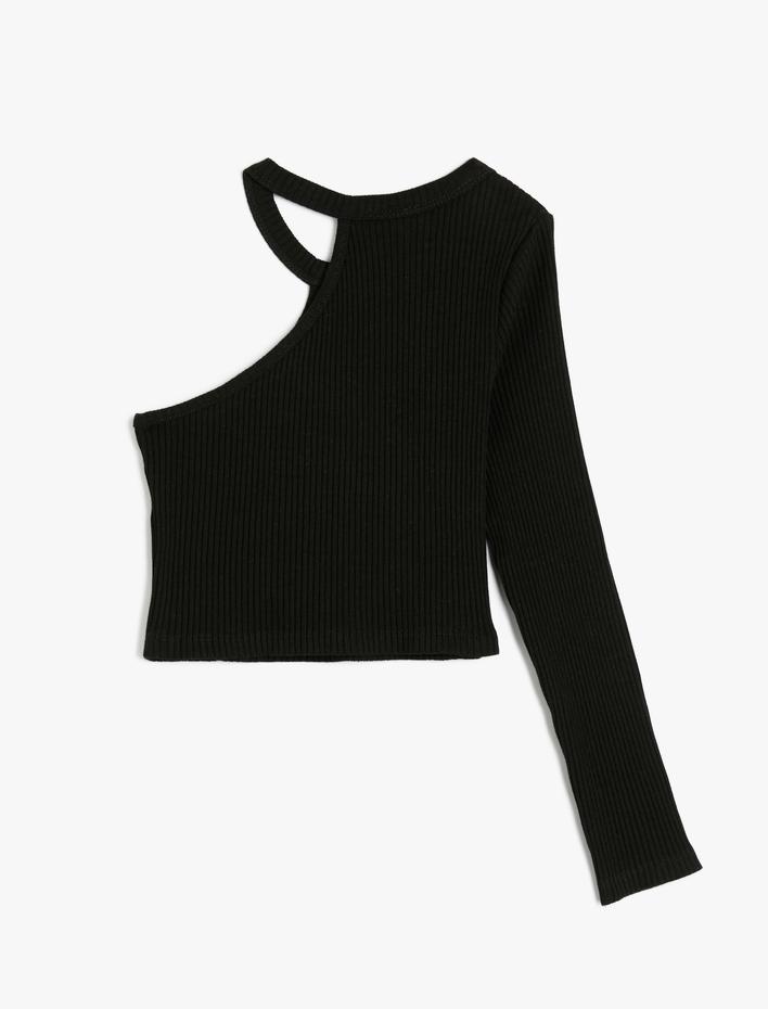 Kız Çocuk Crop Pencere Detaylı Tişört Tek Uzun Kollu Ribanalı Pamuklu