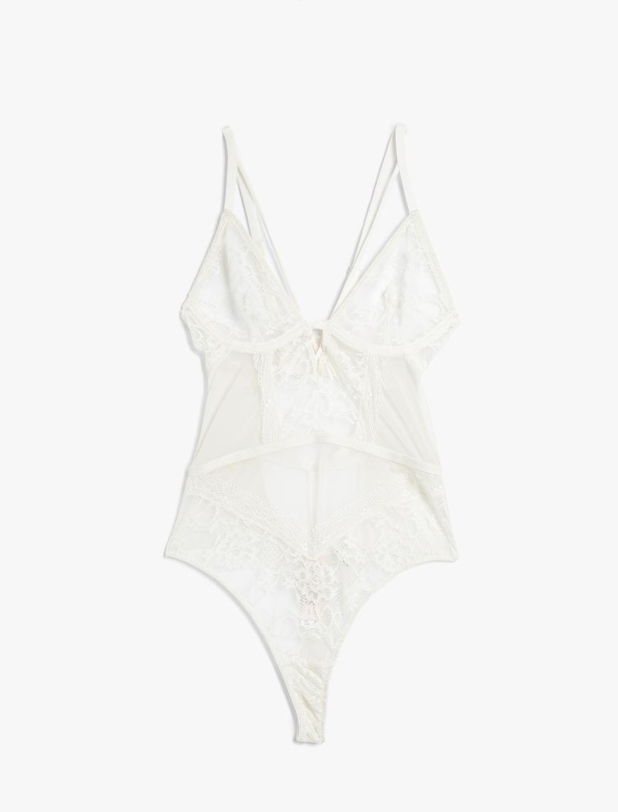  Dantelli Tül Bodysuit Pencere Detaylı Biyeli