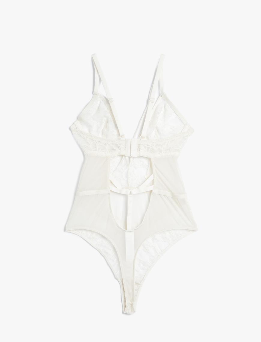   Dantelli Tül Bodysuit Pencere Detaylı Biyeli