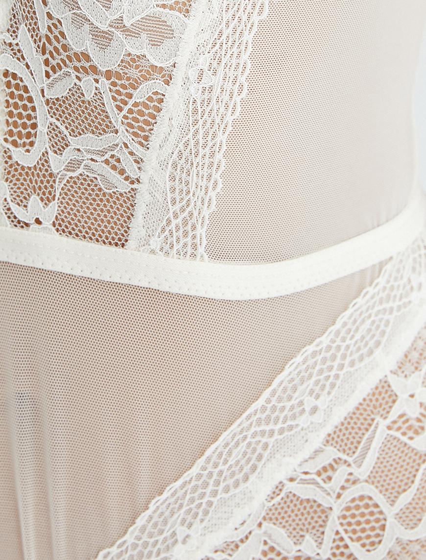   Dantelli Tül Bodysuit Pencere Detaylı Biyeli