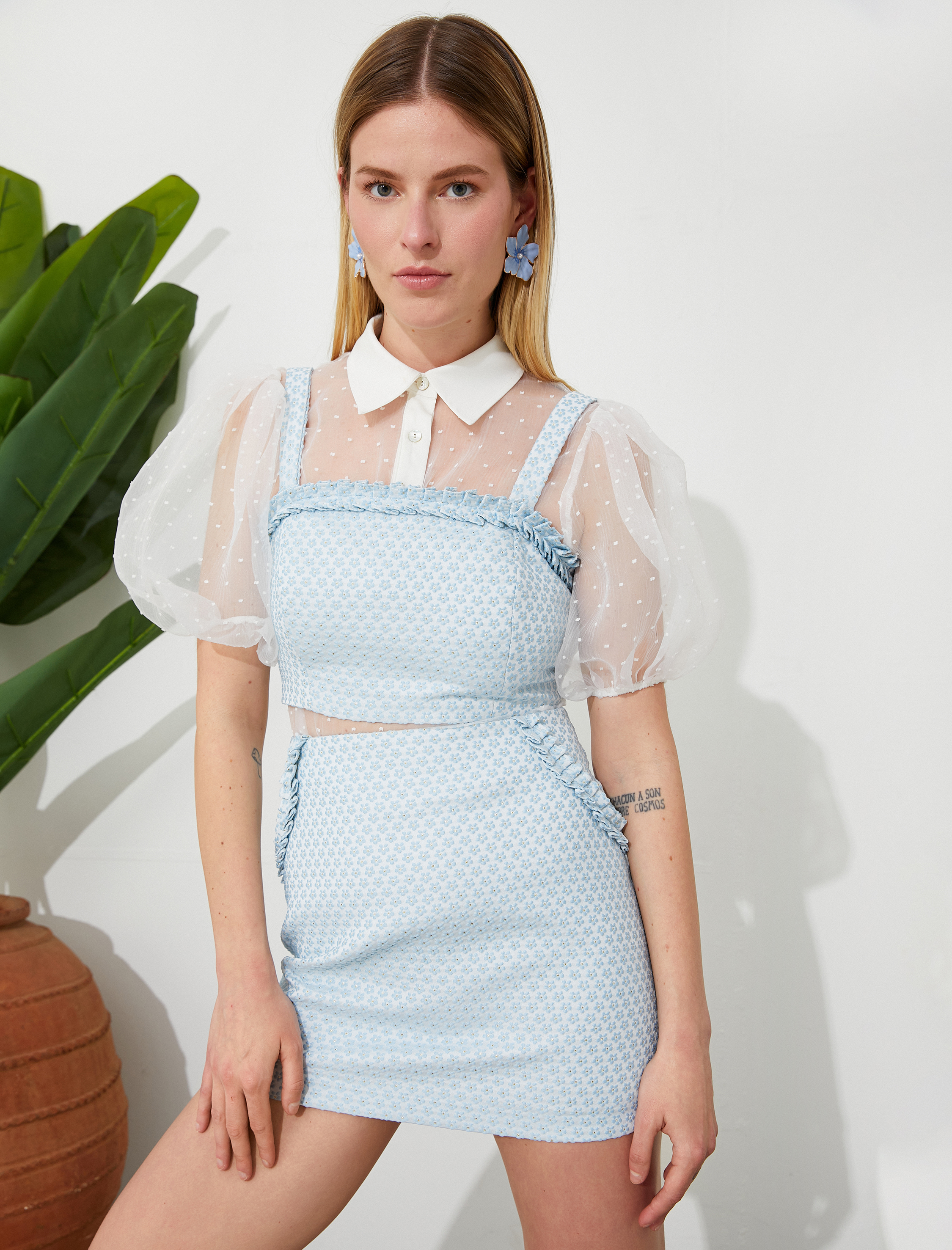   Balon Kol Puantiyeli Tül Gömlek