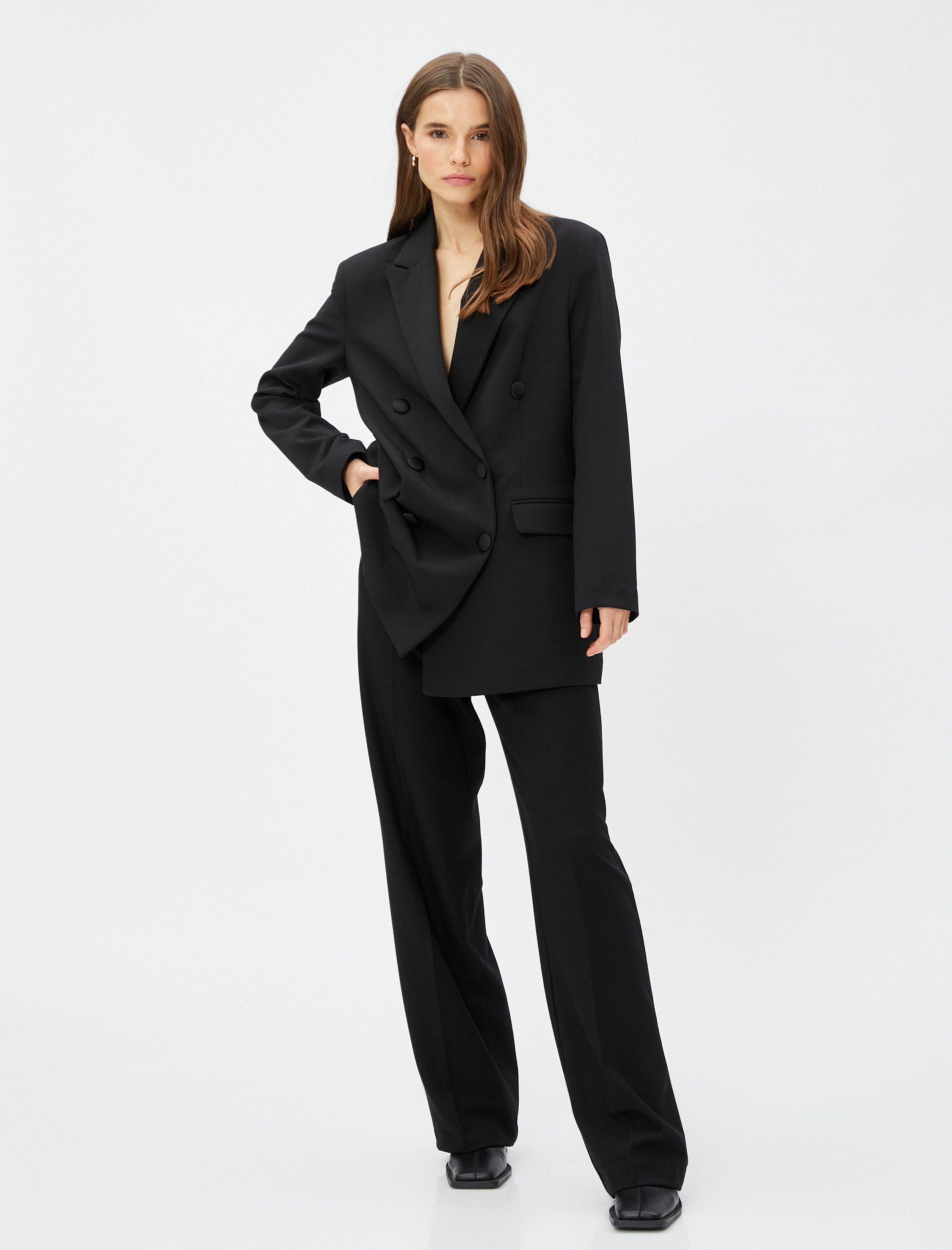   Simli Kumaş Pantolon Yüksek Bel Düz Paça