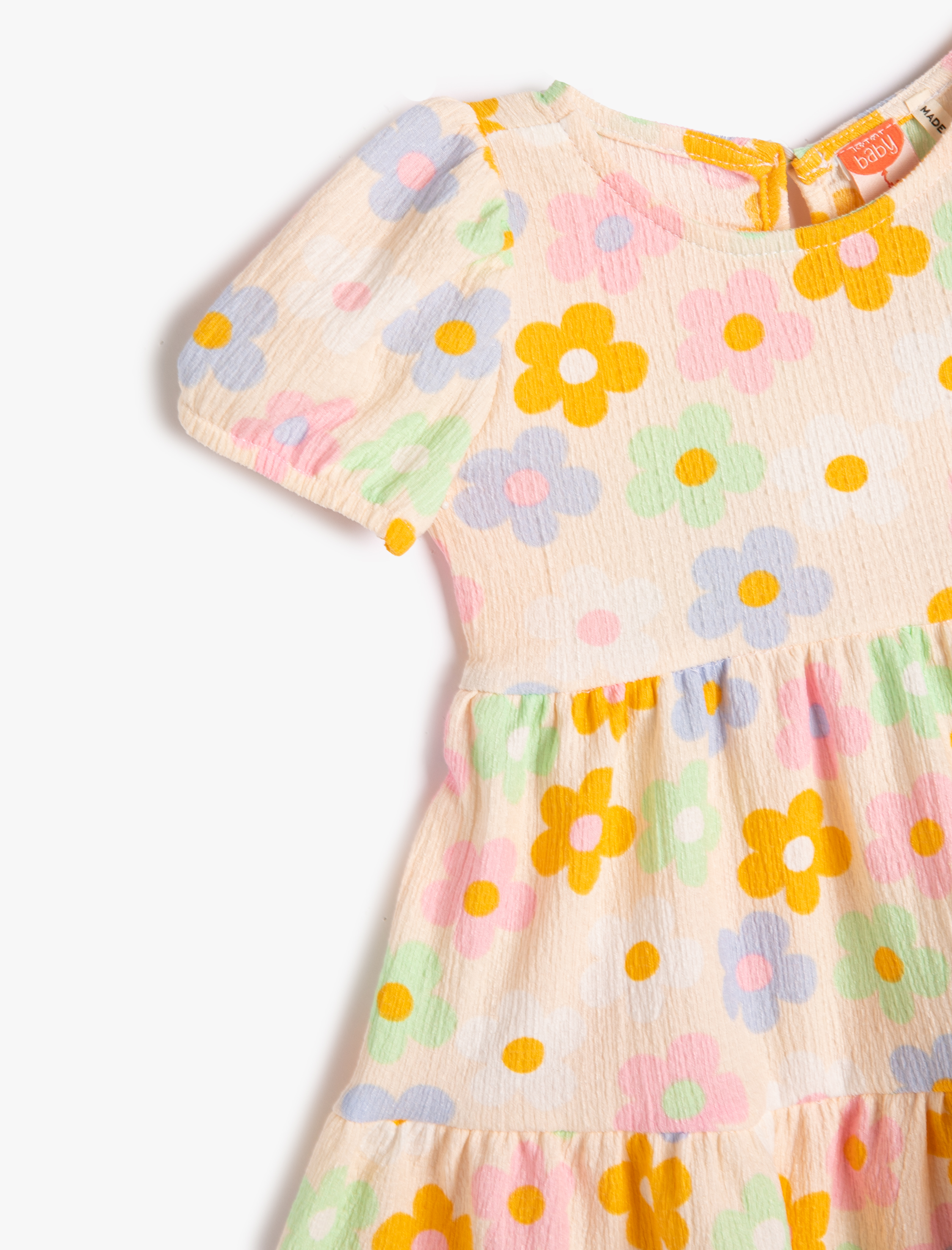  Kız Bebek Elbise Çiçekli Balon Kollu Yuvarlak Yaka Katlı