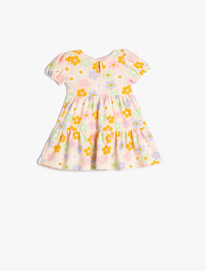 Kız Bebek Elbise Çiçekli Balon Kollu Yuvarlak Yaka Katlı