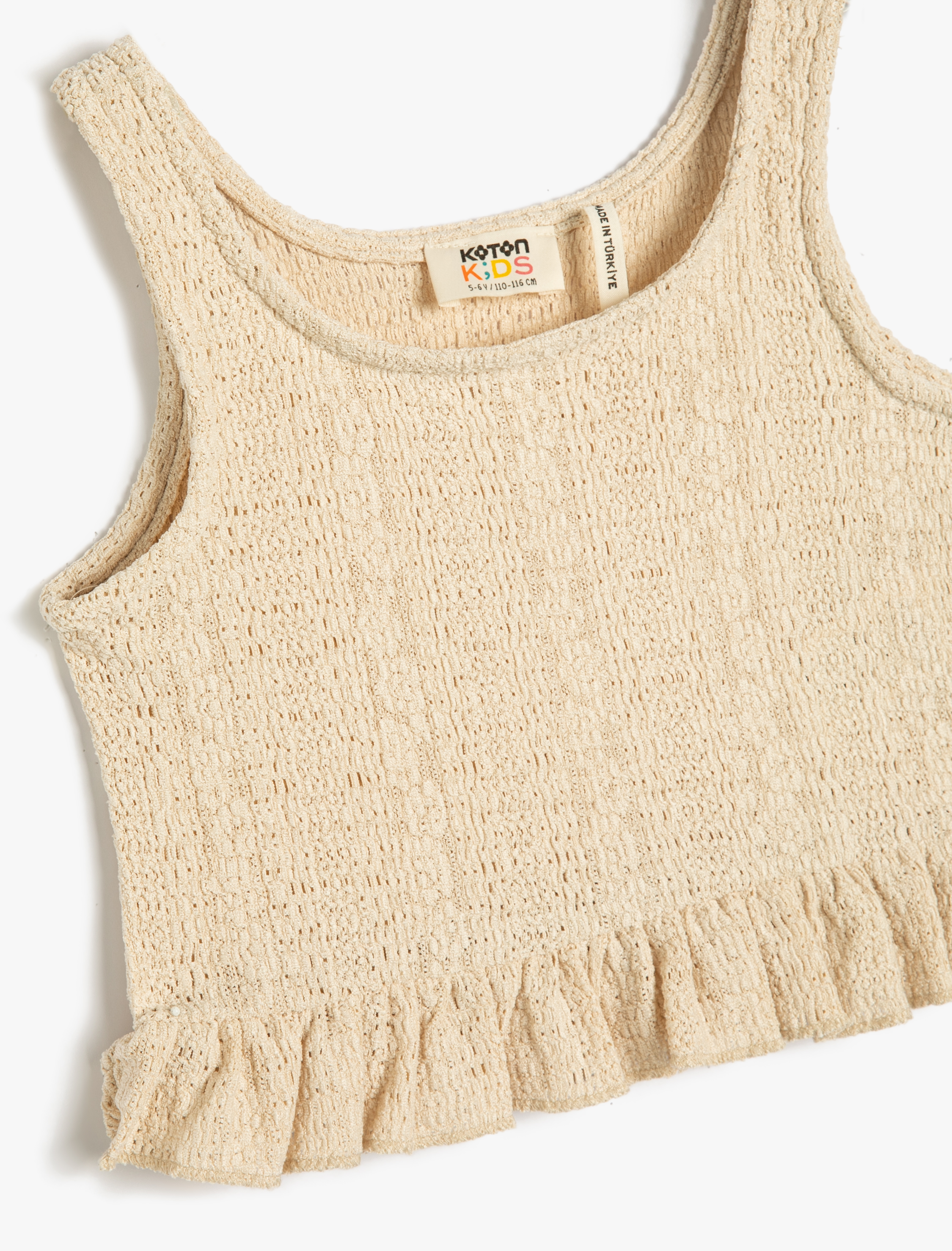  Kız Çocuk Kroşe Crop Üst Kolsuz Yuvarlak Yaka Fırfır Detaylı