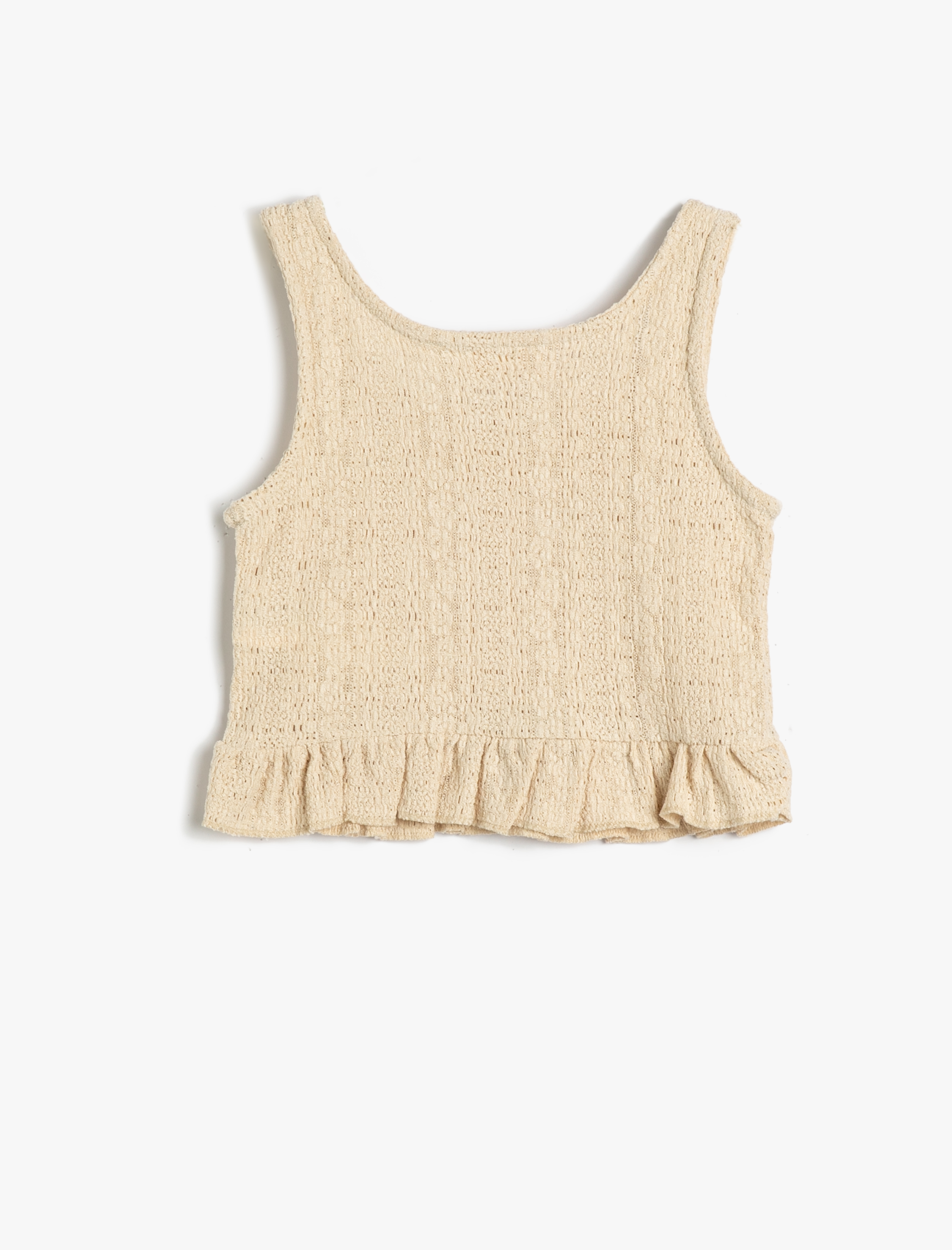  Kız Çocuk Kroşe Crop Üst Kolsuz Yuvarlak Yaka Fırfır Detaylı