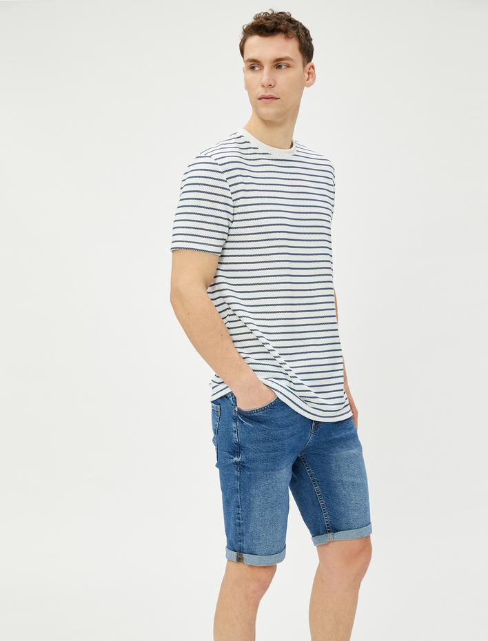  Bermuda Kot Şort Katlama Detaylı Cepli Pamuklu