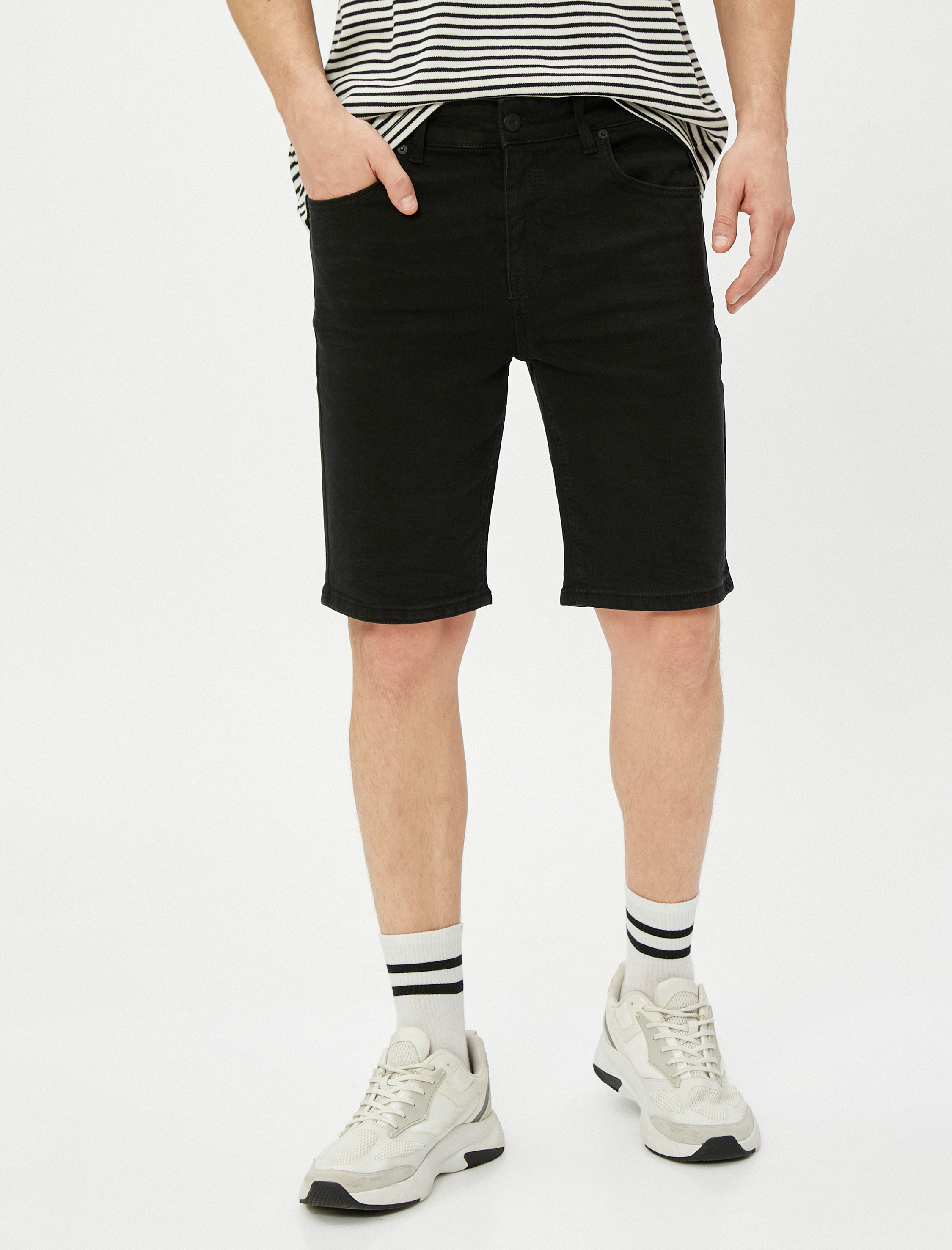   Bermuda Kot Şort Cepli Düğme Detaylı Pamuklu