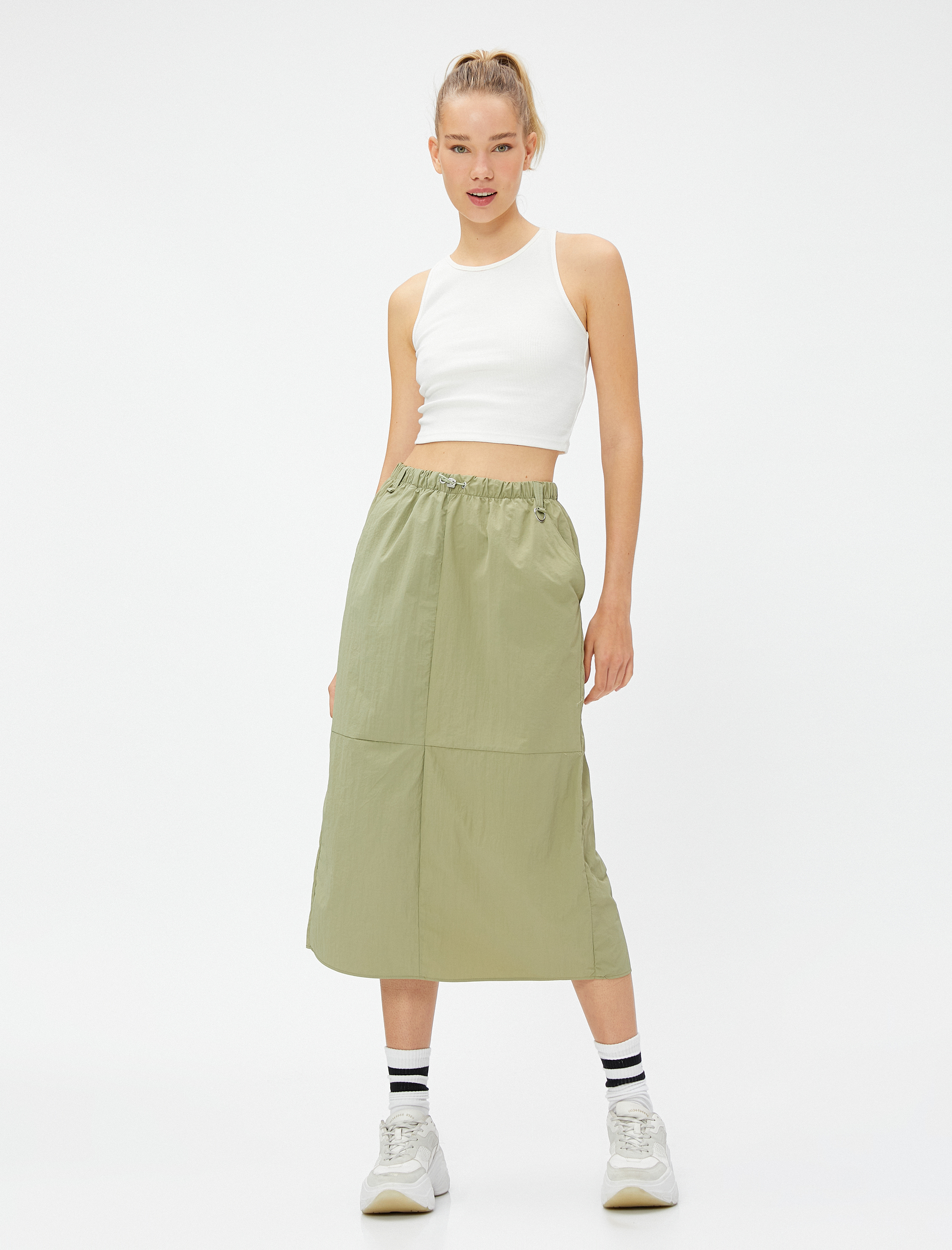   Paraşüt Etek Midi Cep Detaylı Beli Lastikli Stoperli