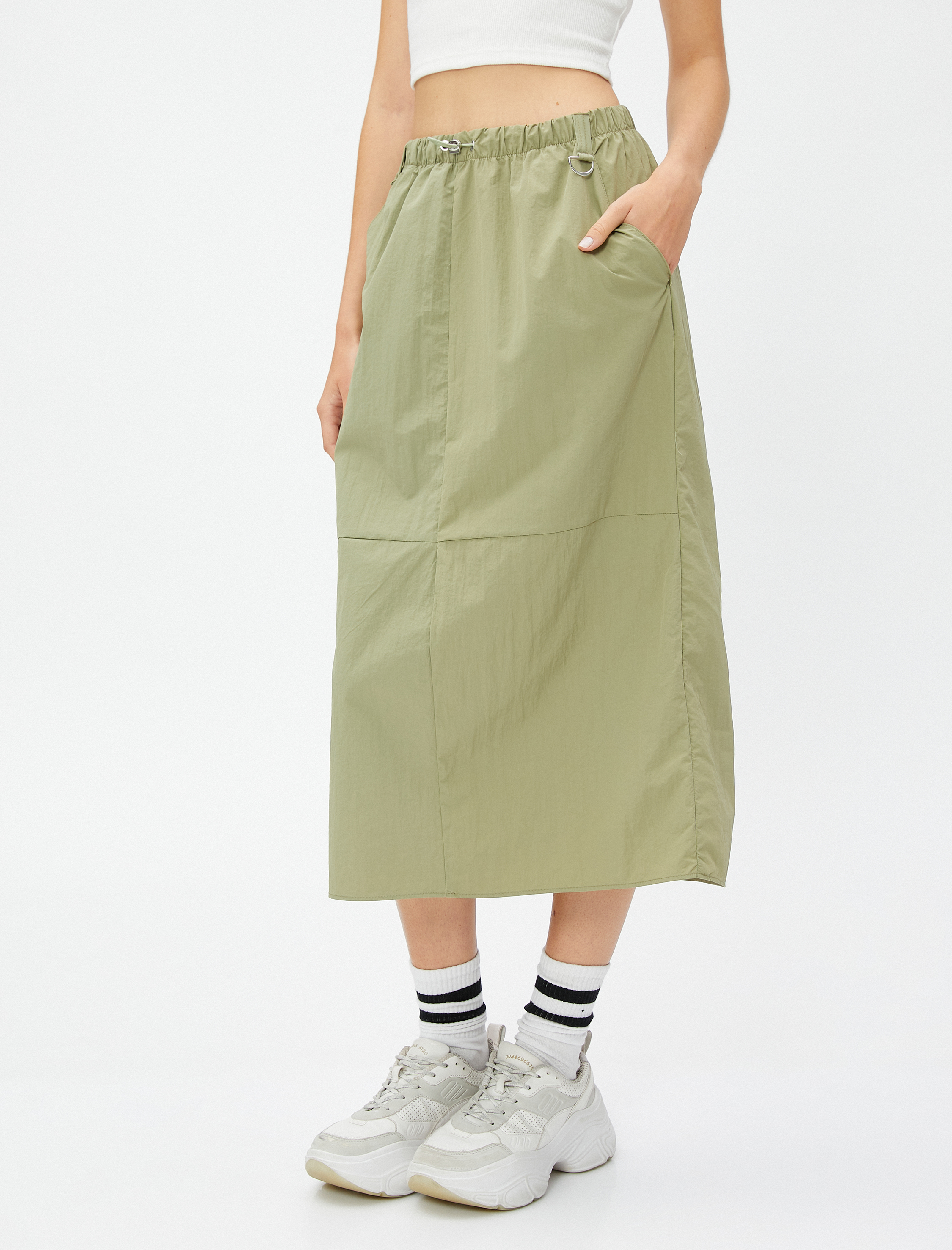   Paraşüt Etek Midi Cep Detaylı Beli Lastikli Stoperli