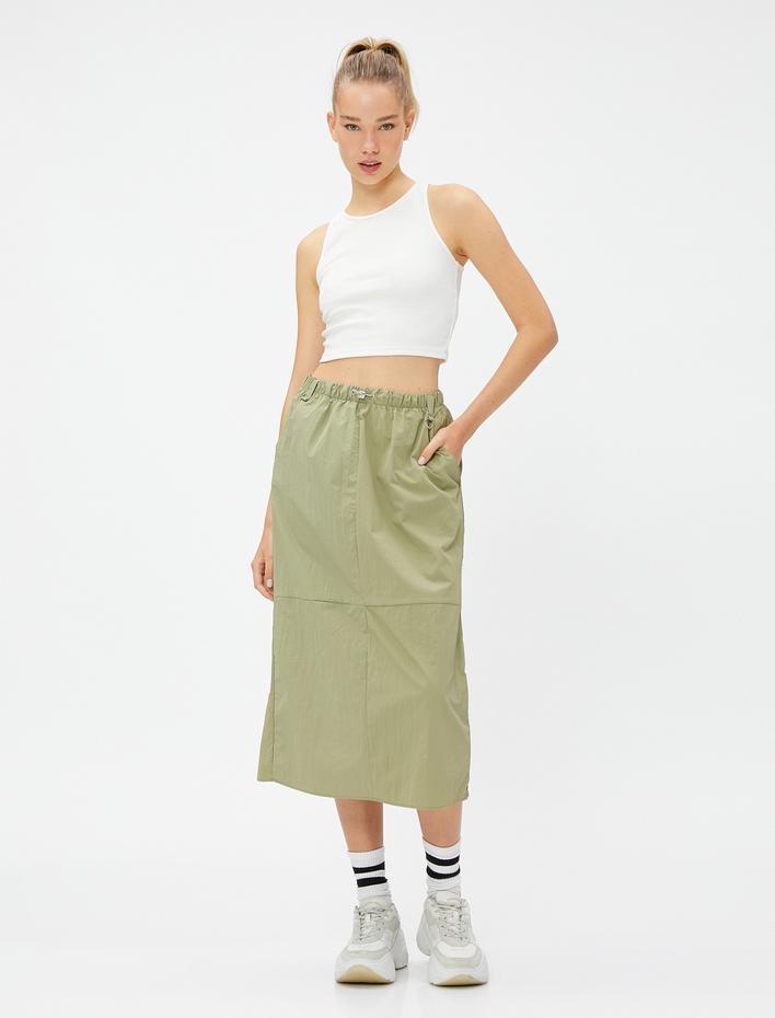  Paraşüt Etek Midi Cep Detaylı Beli Lastikli Stoperli