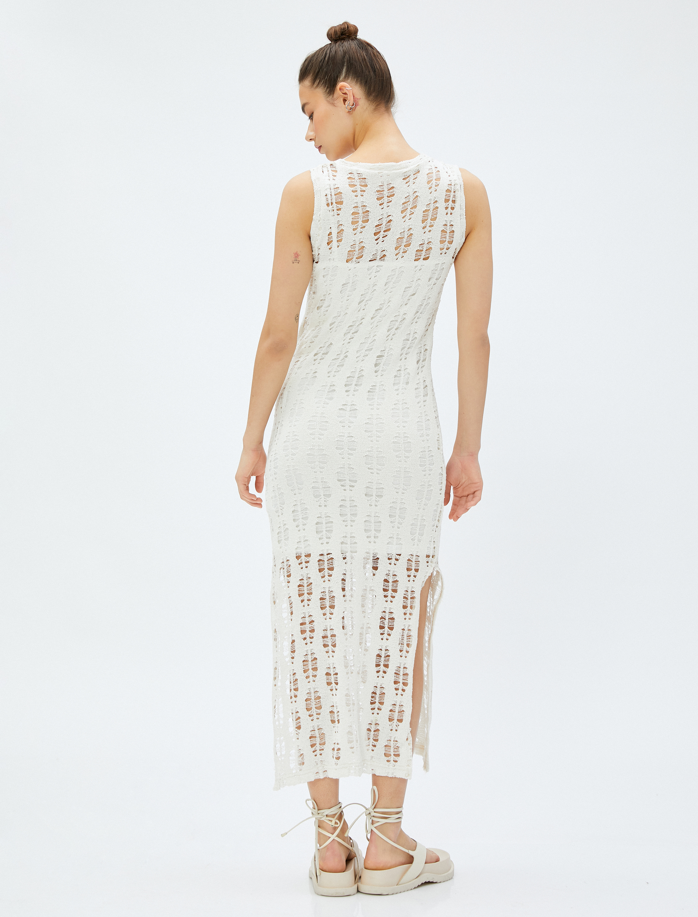   Midi Elbise Ajurlu Yırtmaçlı Kolsuz Bisiklet Yaka Astarlı