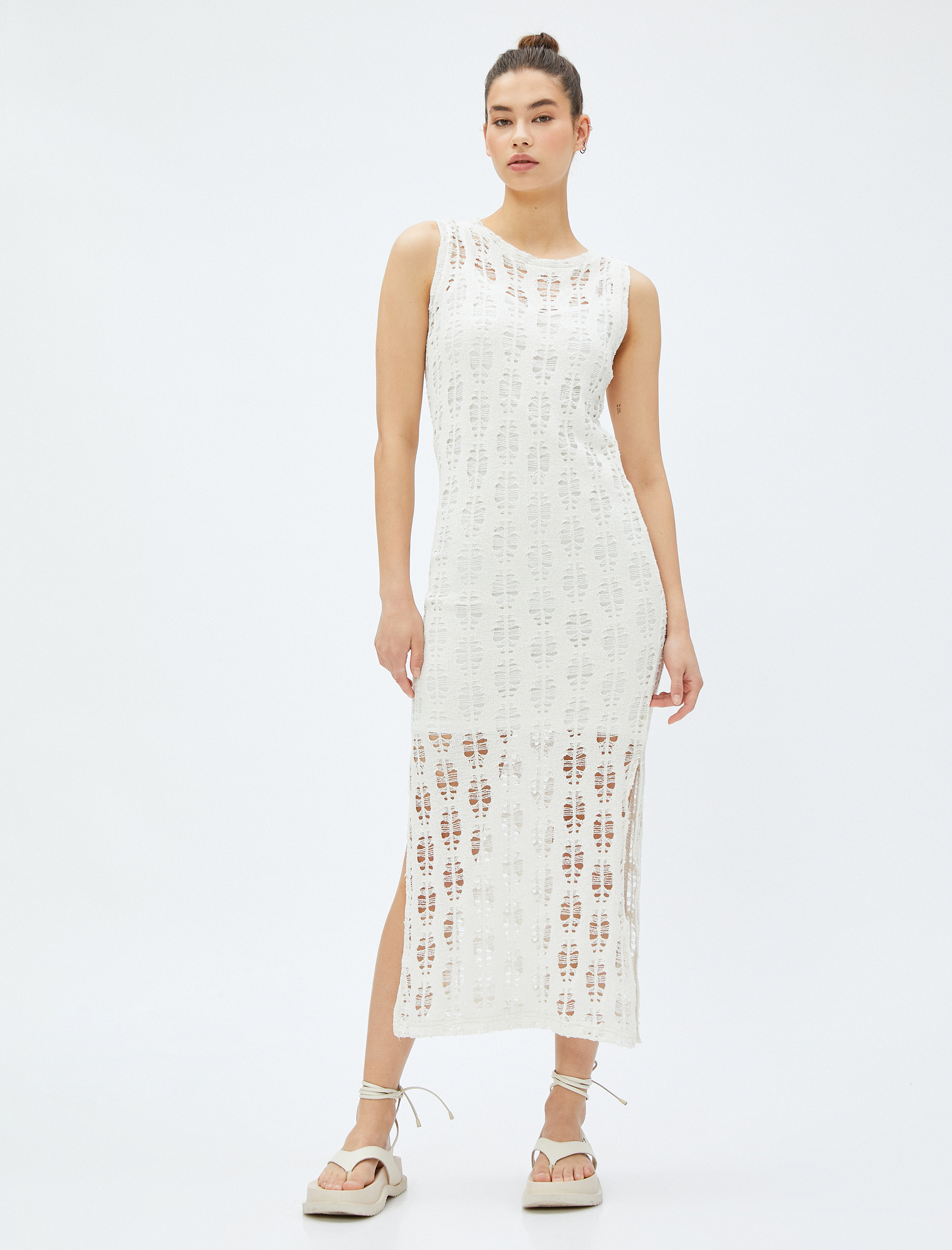   Midi Elbise Ajurlu Yırtmaçlı Kolsuz Bisiklet Yaka Astarlı