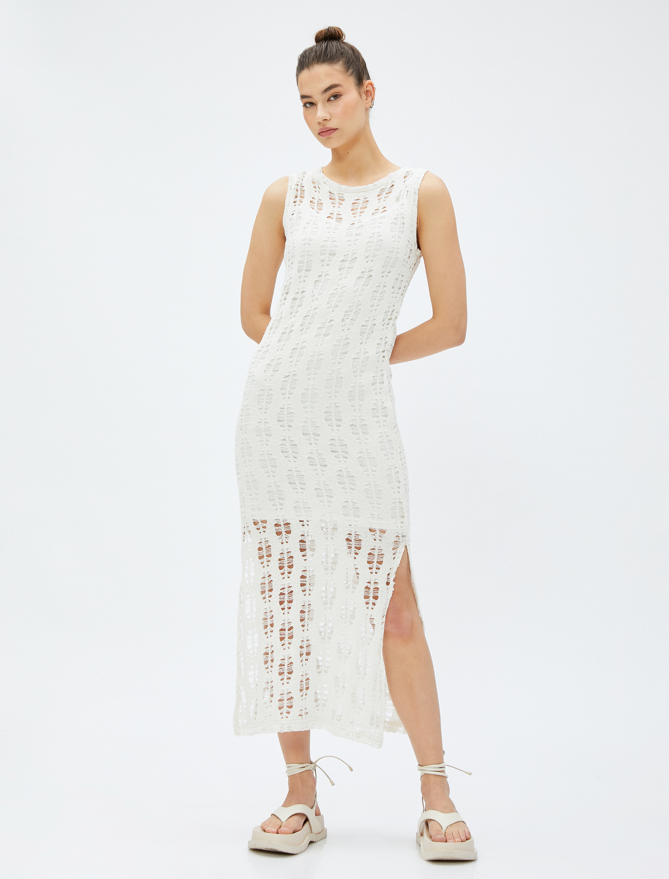   Midi Elbise Ajurlu Yırtmaçlı Kolsuz Bisiklet Yaka Astarlı