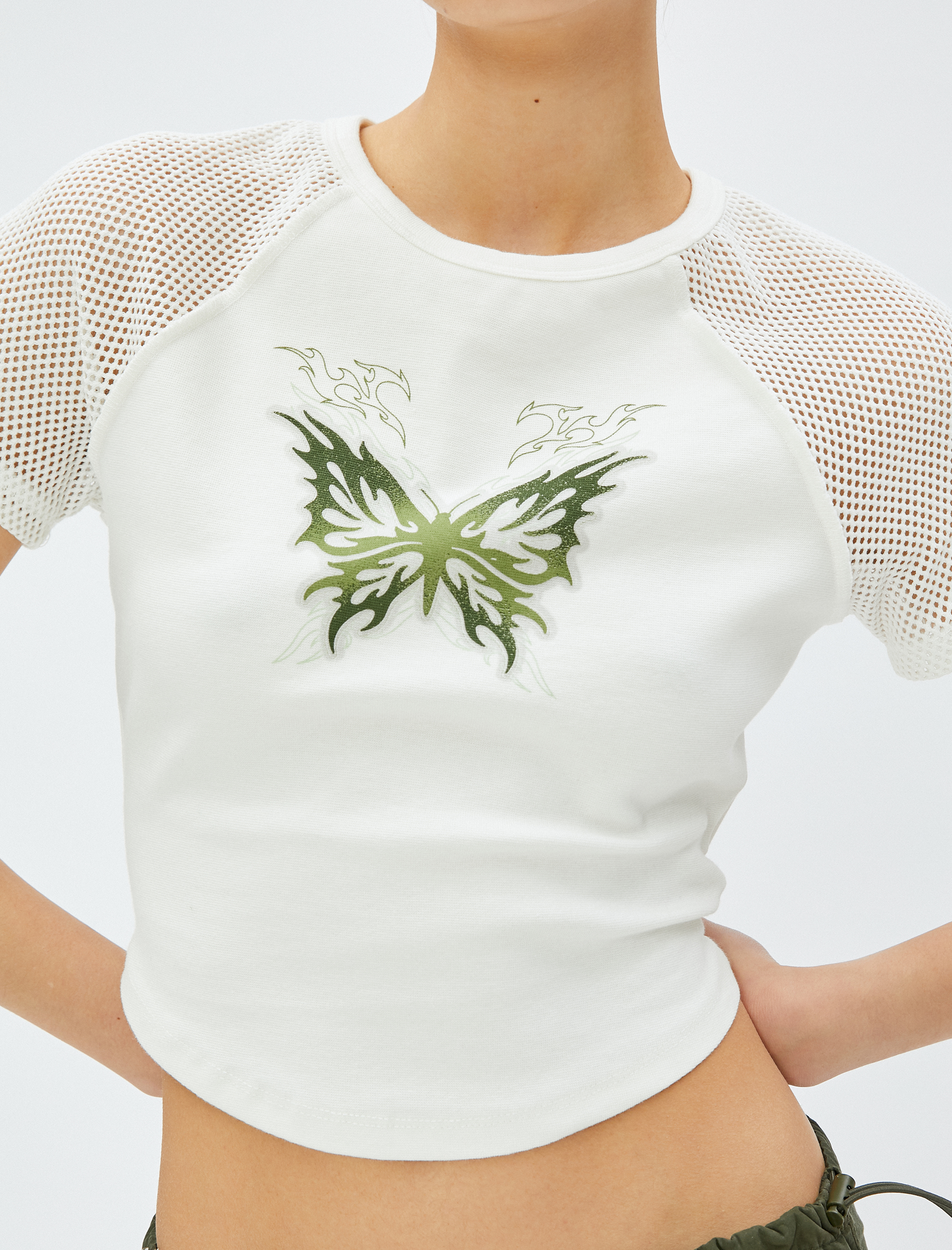   Crop Tişört Baskılı File Detaylı Bisiklet Yaka Pamuklu