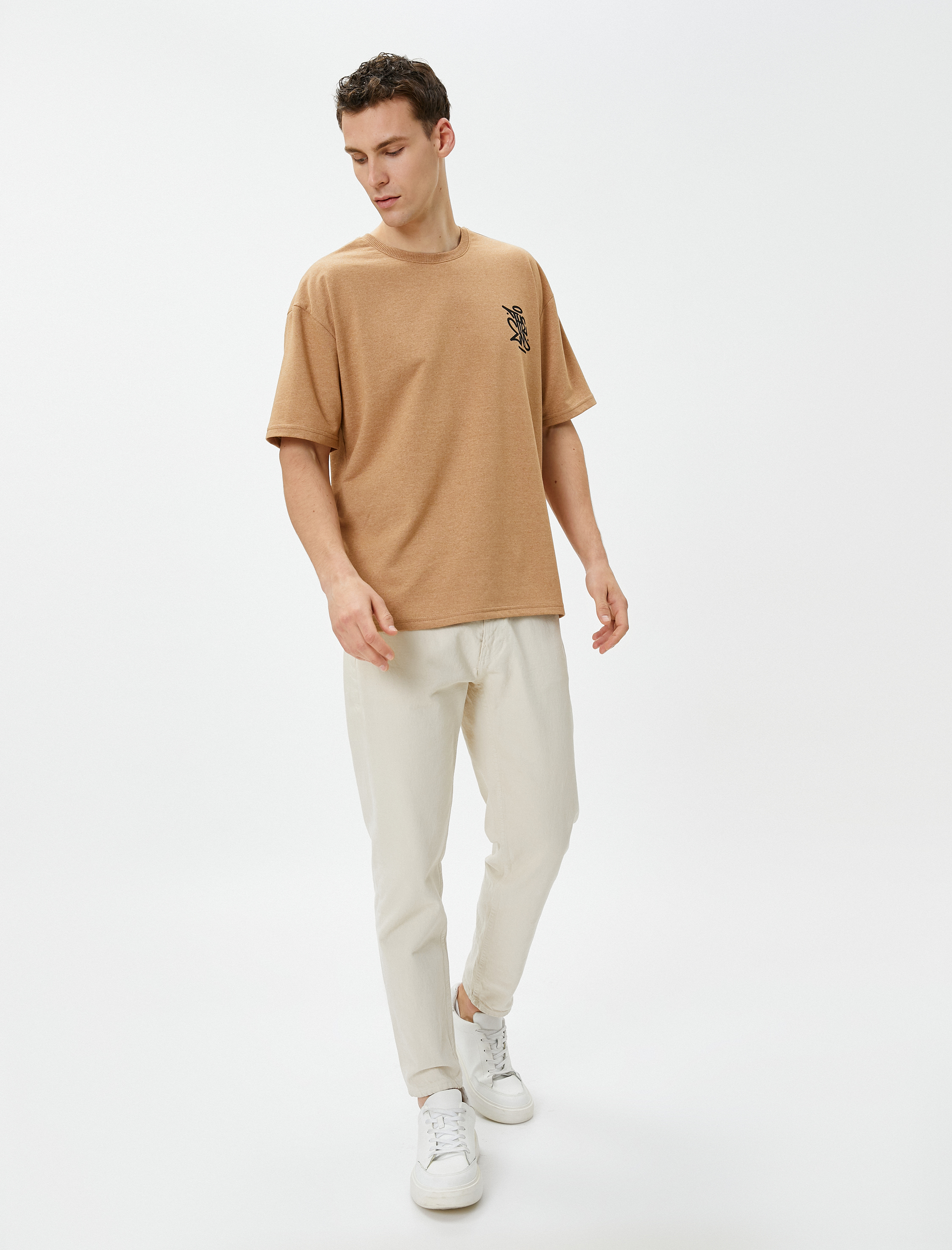   Oversize Tişört Uzakdoğu Baskılı Bisiklet Yaka Kısa Kollu