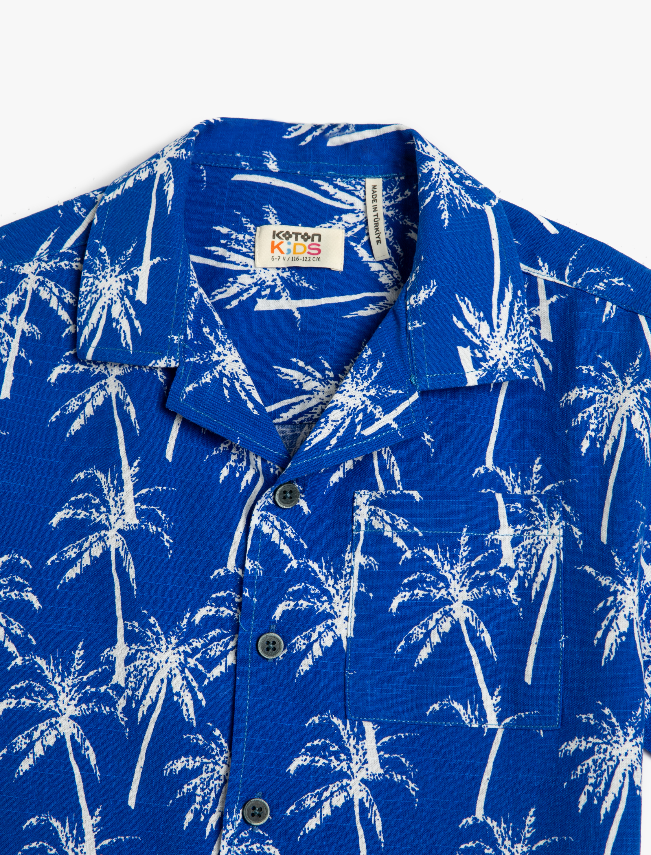  Erkek Çocuk Gömlek Tek Cep Detaylı Kısa Kollu Palmiye Baskılı Pamuklu