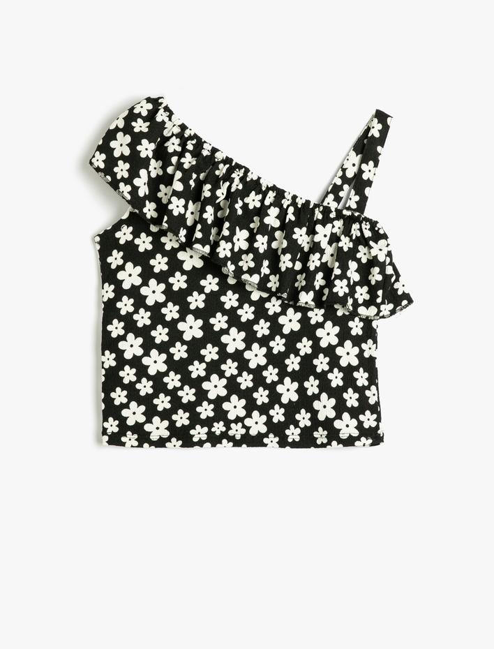 Kız Çocuk Tişört Tek Omuz Çiçekli Fırfırlı