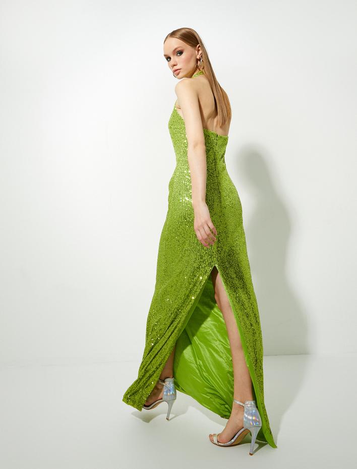  Payetli Abiye Elbise Dekolteli Yırtmaçlı