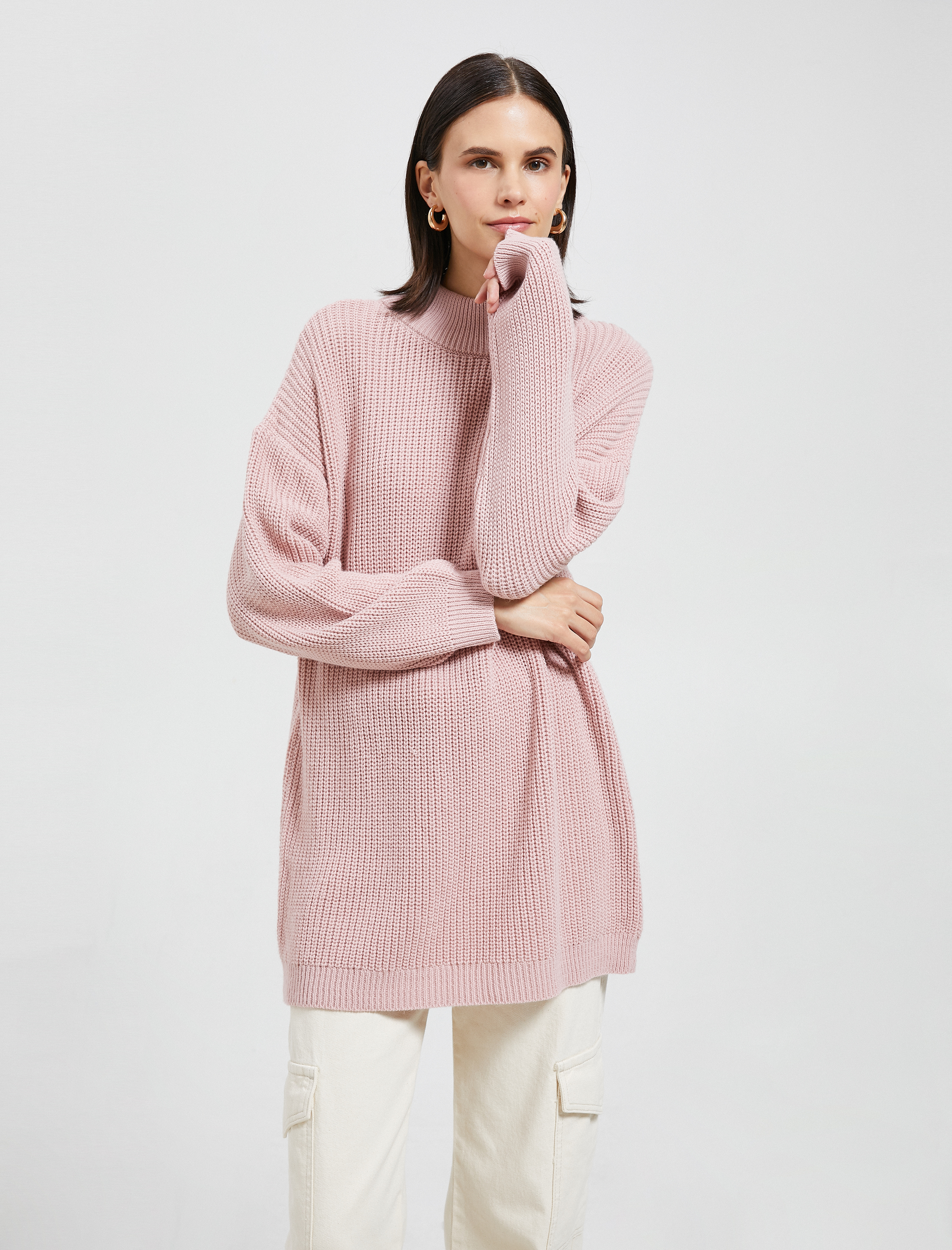   Oversize Yarım Balıkçı Yaka Kazak Akrilik Kaşmir Dokulu